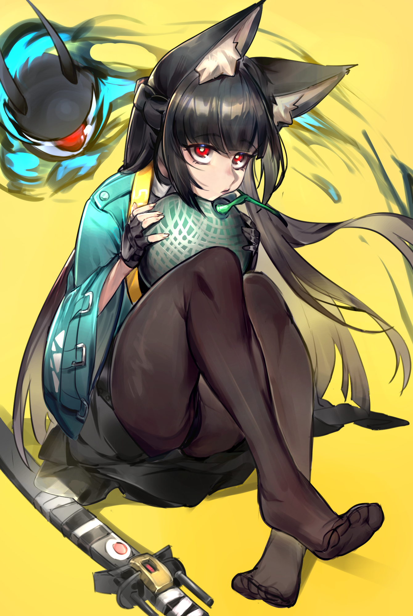 harry80779192, hoshimi miyabi, tailless (zenless zone zero), zenless zone zero, highres, 1girl, 1other, animal ear fluff, animal ears, aqua jacket, black gloves, black hair, black pantyhose, black skirt, closed mouth, feet, fingerless gloves, food, fox ears, fox girl, fruit, gauntlets, gloves, green jacket, holding, holding food, jacket, katana, long hair, melon, pantyhose, red eyes, single fingerless glove, single gauntlet, sitting, skirt, sword, toes, weapon, weapon on floor, yellow background