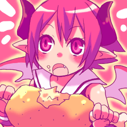 tsuyuka (sunny spot), raspberyl, disgaea, makai senki disgaea 2, makai senki disgaea 3, nippon ichi, lowres, 1girl, boned meat, eating, fang, female focus, food, horns, meat, pink eyes, pink hair, pointy ears, sailor collar, solo, white sailor collar, wings