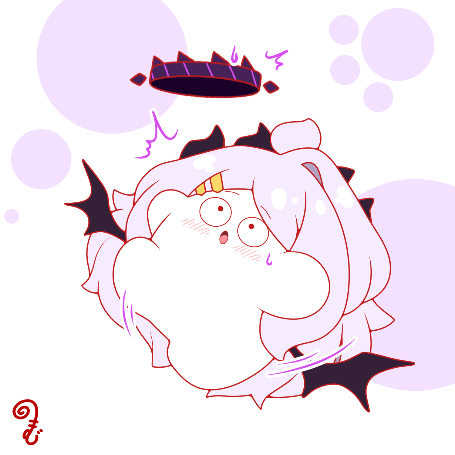 kurukurumagical, hina (blue archive), blue archive, commentary request, highres, 1girl, :o, ahoge, black wings, blush, chibi, chibi only, full body, hair ornament, hairclip, halo, long hair, open mouth, parallel hairclips, purple hair, purple halo, solo, sweatdrop, tripping, very long hair, white background, wide-eyed, wings
