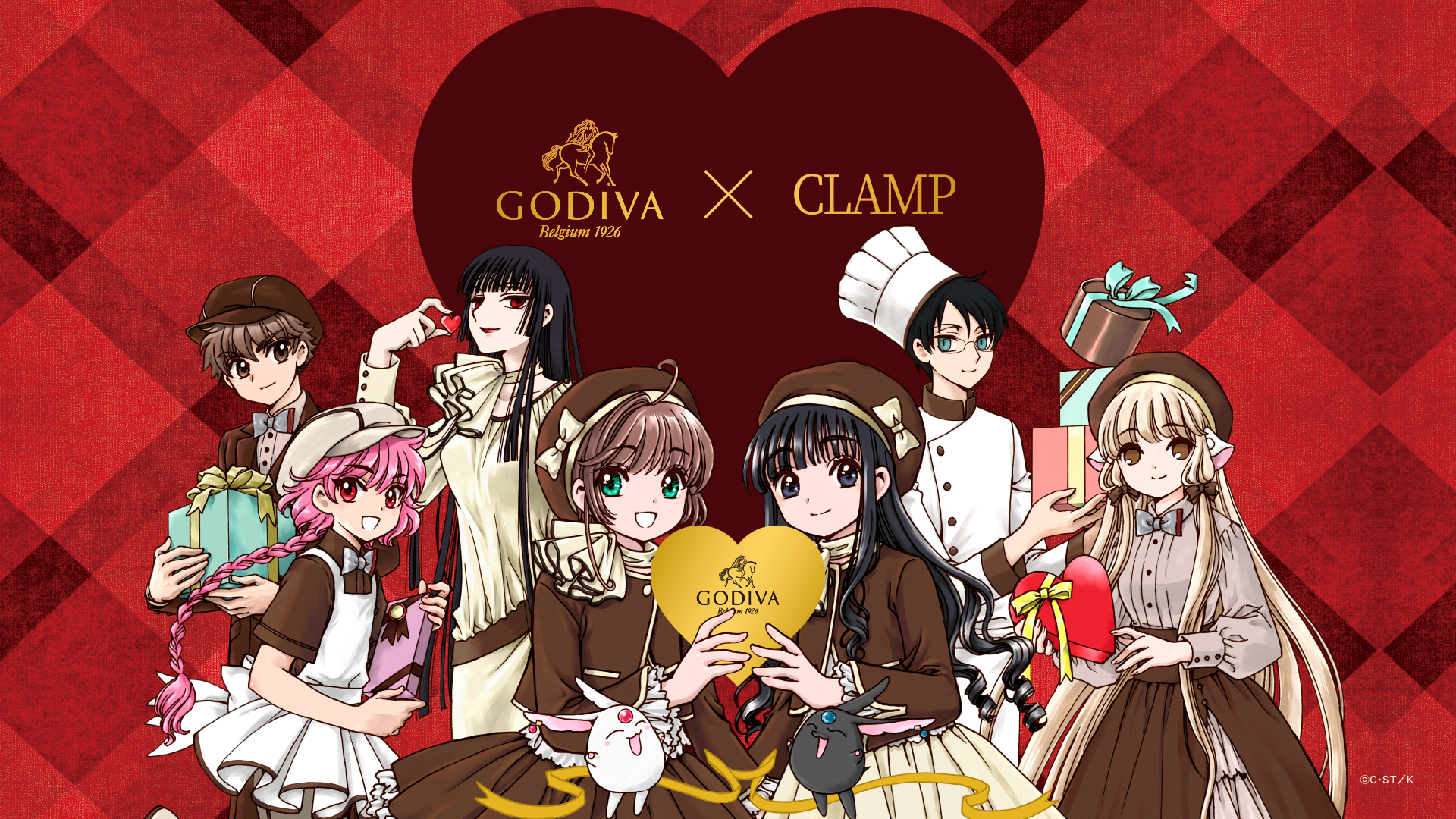 clamp (circle), black mokona, chii, daidouji tomoyo, ichihara yuuko, kinomoto sakura, li syaoran, mokona, shidou hikaru, watanuki kimihiro, cardcaptor sakura, chobits, godiva chocolatier, magic knight rayearth, xxxholic, highres, official art, promotional art, second-party source, 2boys, 5girls, ahoge, apron, black eyes, black hair, blonde hair, blue eyes, bow, bowtie, braid, braided ponytail, brown eyes, brown hair, chef, chef hat, chocolate, crossover, food, gift, glasses, green eyes, hair bow, hat, heart, holding, holding chocolate, holding food, holding gift, in-franchise crossover, jacket, long hair, long sleeves, looking at viewer, multiple boys, multiple girls, open mouth, pink hair, red eyes, shirt, short hair, short sleeves, single braid, skirt, smile, white apron