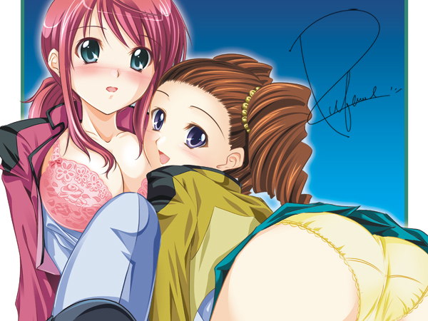 tsubame (minami haruka), feldt grace, mileina vashti, gundam, gundam 00, bad id, bad pixiv id, 00s, 2girls, ass, blue eyes, blush, bra, breasts, brown hair, cleavage, drill hair, happy, lace, lingerie, long hair, looking at viewer, looking back, multiple girls, open clothes, open mouth, open shirt, panties, pink hair, ponytail, shirt, short hair, smile, twintails, underwear, yuri