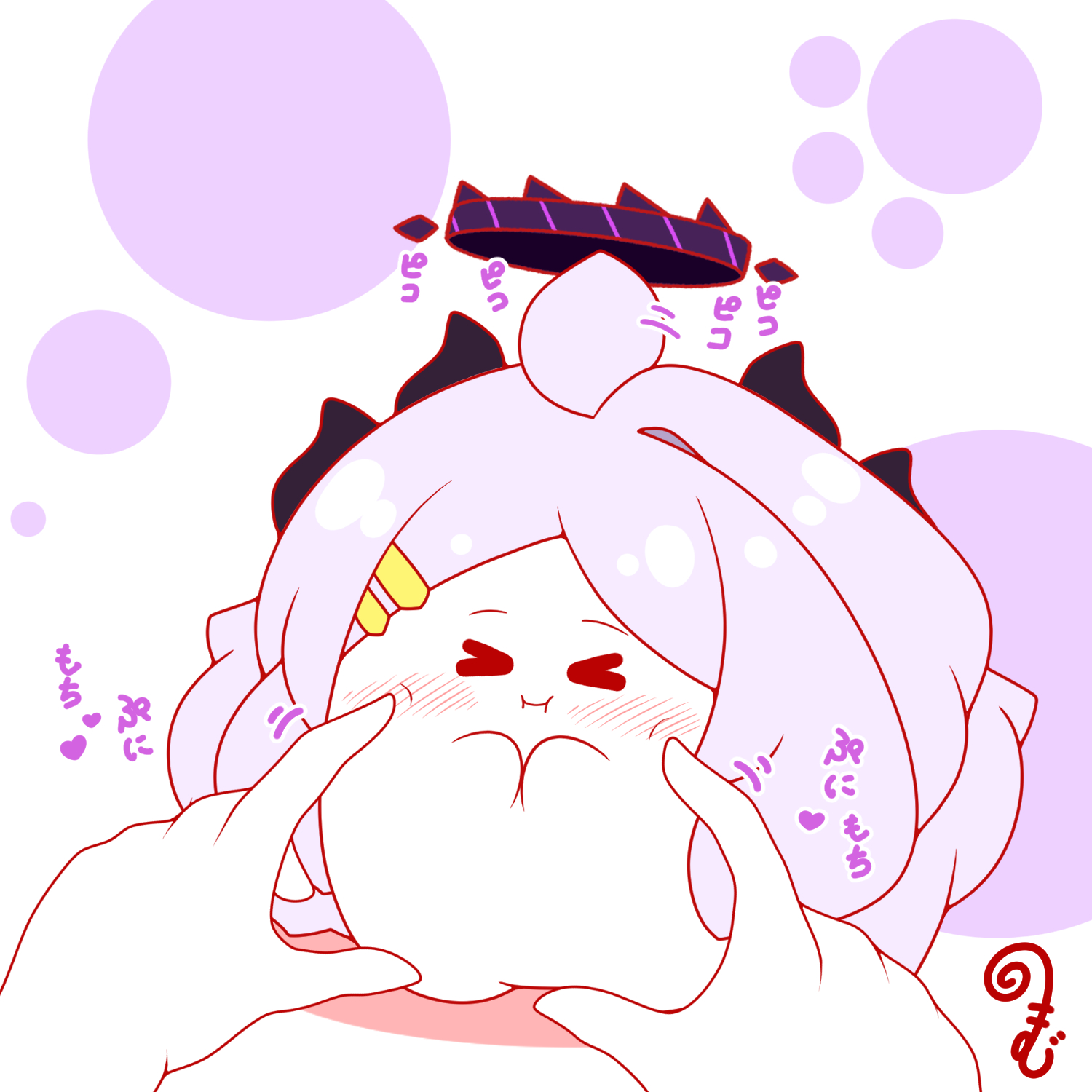 kurukurumagical, hina (blue archive), blue archive, commentary request, highres, translation request, > <, 1girl, 1other, :i, ahoge, blush, cheek poking, chibi, closed eyes, closed mouth, full body, hair ornament, hairclip, halo, long hair, parallel hairclips, poking, purple hair, purple halo, standing, very long hair, white background
