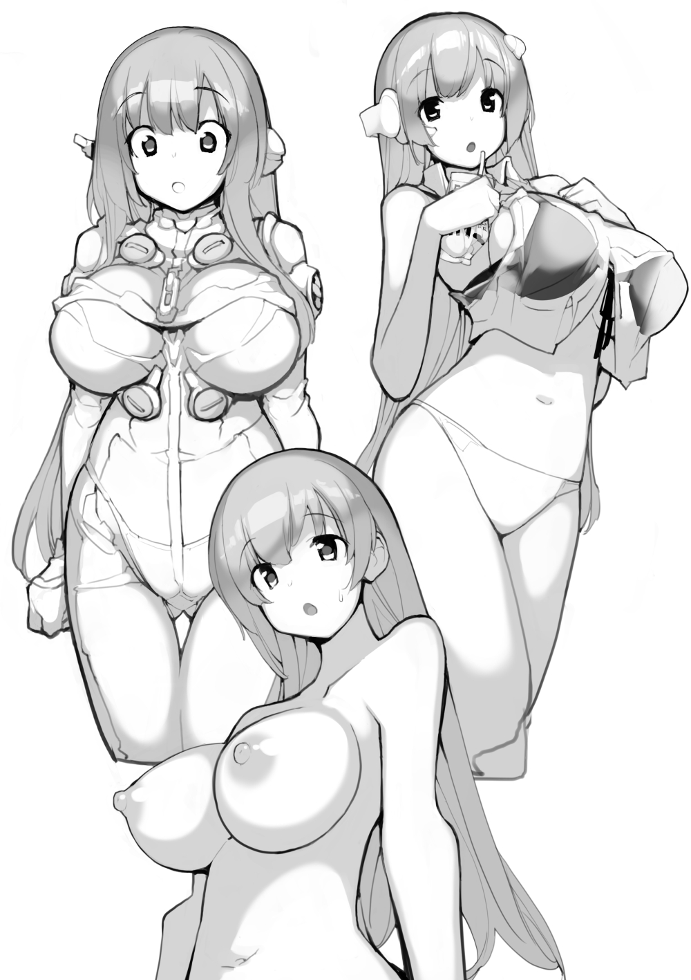tamahagane, highres, 1girl, :o, bare shoulders, bodysuit, bra, breasts, collarbone, collared shirt, completely nude, cowboy shot, greyscale, hands up, head tilt, huge breasts, long hair, long sidelocks, looking down, monochrome, multiple views, navel, nipples, nude, open mouth, sanae (uchuu no shinshi), see-through clothes, see-through shirt, shirt, sidelocks, simple background, skin tight, sleeveless, sleeveless shirt, standing, tareme, uchuu no shinshi, underwear