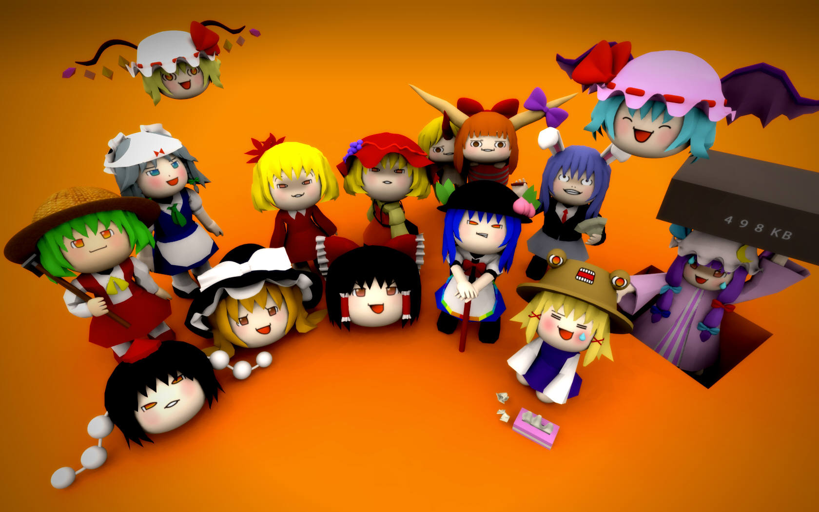 aki minoriko, aki shizuha, flandre scarlet, hakurei reimu, hinanawi tenshi, hoshiguma yuugi, ibuki suika, izayoi sakuya, kazami yuuka, kimeemaru, kirisame marisa, moriya suwako, patchouli knowledge, reisen udongein inaba, remilia scarlet, shameimaru aya, touhou, highres, (o) (o), 6+girls, female focus, hat, hoe, horns, multiple girls, object on head, panties, panties on head, single horn, straw hat, sweatdrop, underwear, worktool, yukkuri shiteitte ne