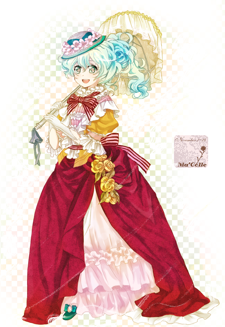 hisa, nia teppelin, tengen toppa gurren lagann, bad id, bad pixiv id, + +, 00s, bell line gown, bow, cross-shaped pupils, curly hair, dress, flower, frills, gathers, gloves, gown, happy, hat, lingerie, multicolored hair, nia colle, parasol, petticoat, ponytail, puffy sleeves, ribbon, rose, smile, solo, sun hat, symbol-shaped pupils, umbrella, underwear, victorian