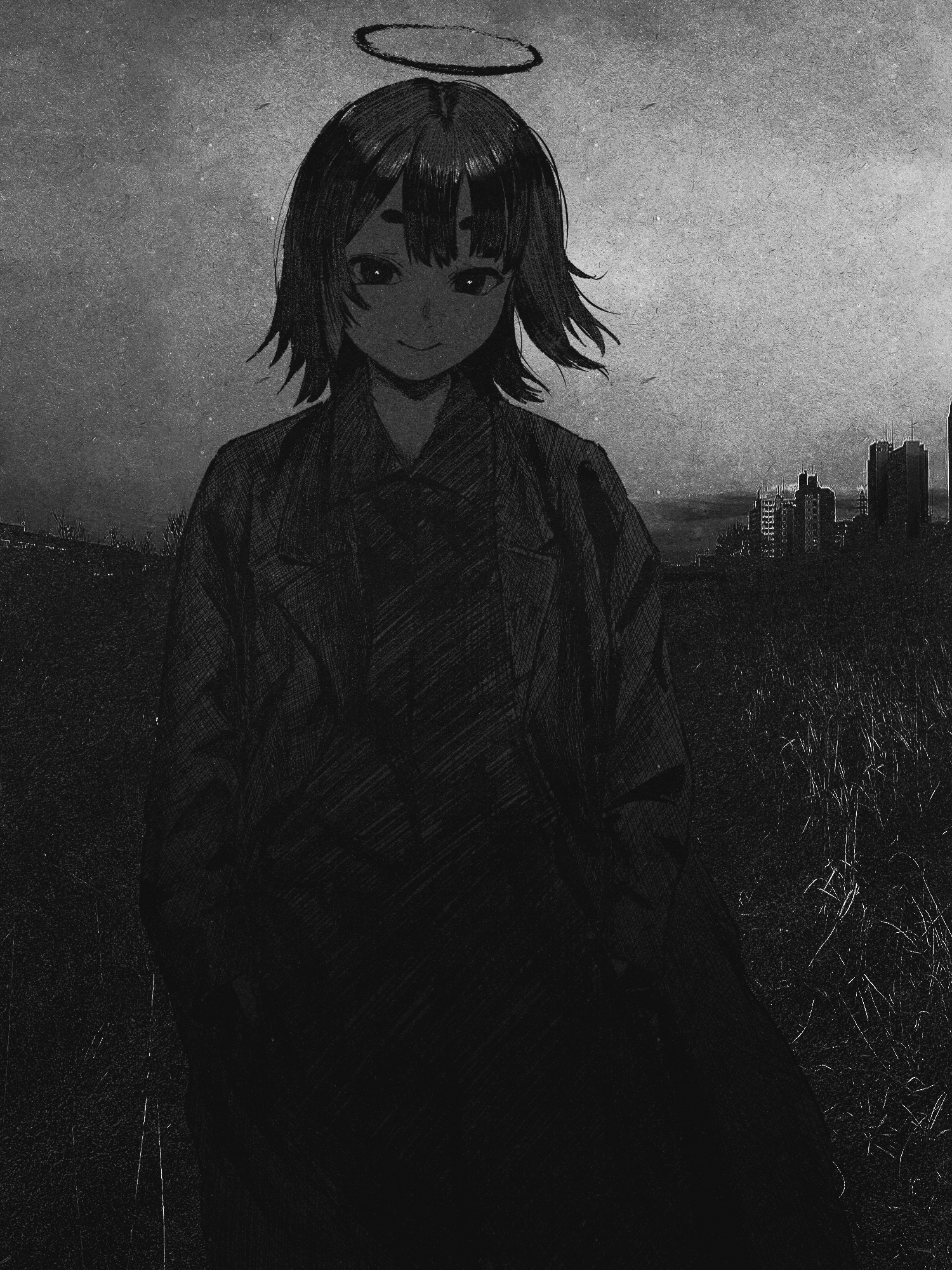 daruma karei, original, highres, 1girl, asymmetrical bangs, cityscape, coat, collared shirt, halo, hands in pockets, lapels, long coat, long sleeves, looking at viewer, monochrome, notched lapels, shirt, short hair, smile, solo, thick eyebrows