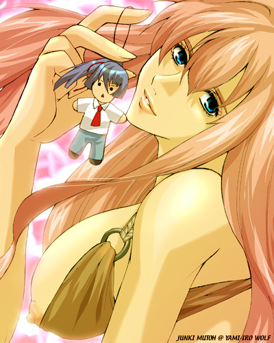 junki mutoh, mutou junki, saotome alto, sheryl nome, macross, macross frontier, lowres, 00s, 1girl, blonde hair, blue eyes, breasts, cameo, character doll, doll, female focus, huge breasts, long hair, nipple slip, nipples, solo