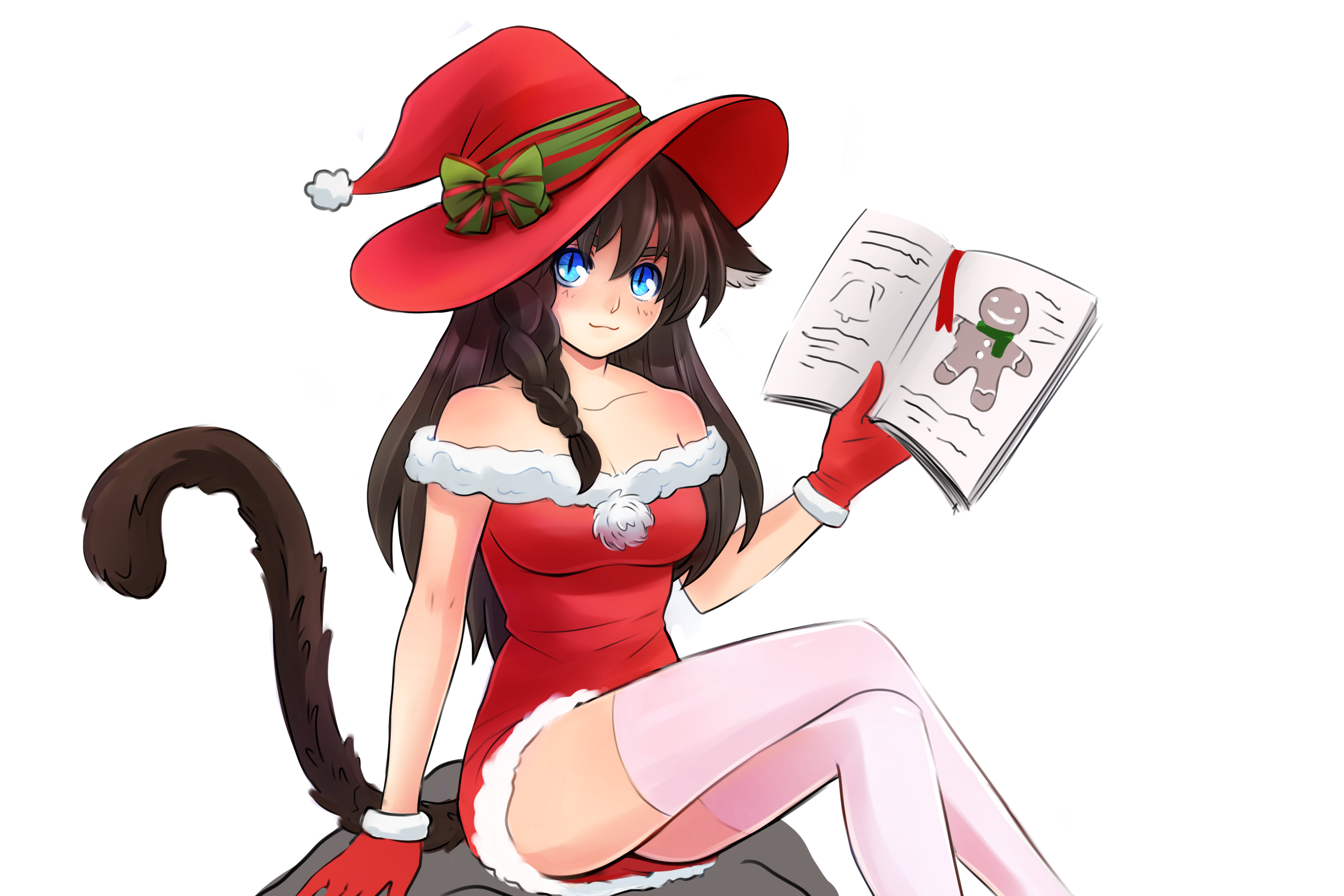 lemna, original, commission, commissioner upload, highres, non-web source, animal ear fluff, animal ears, aqua eyes, book, braid, brown hair, cat ears, cat girl, cat tail, dress, gloves, hat, hat ribbon, holding, holding book, long hair, looking at viewer, mewry (fuki nyan), pom pom (clothes), red gloves, ribbon, santa costume, santa dress, santa hat, sitting, sleeveless, slit pupils, striped ribbon, tail, thighhighs, transparent background, white thighhighs, witch hat
