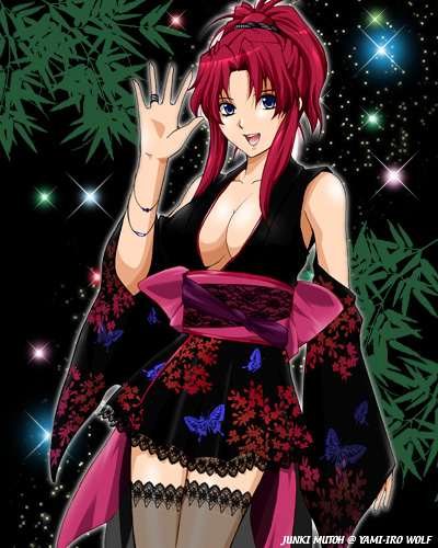 junki mutoh, kimino tomonari, mutou junki, flay allster, gundam, gundam seed, lowres, 00s, 1girl, blue eyes, breasts, cleavage, detached sleeves, female focus, japanese clothes, kimono, large breasts, red hair, solo, thighhighs, zettai ryouiki