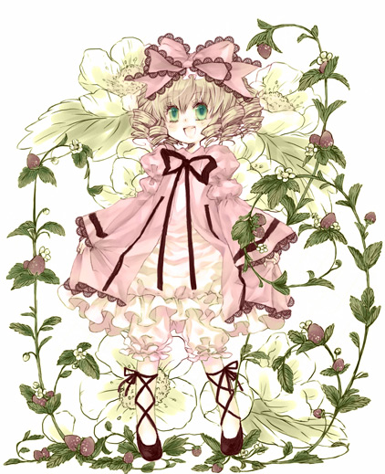 hisa, hinaichigo, rozen maiden, 00s, 1girl, blonde hair, bloomers, bow, dress, drill hair, female focus, flower, green eyes, hair bow, pink bow, smile, solo, underwear, white bloomers