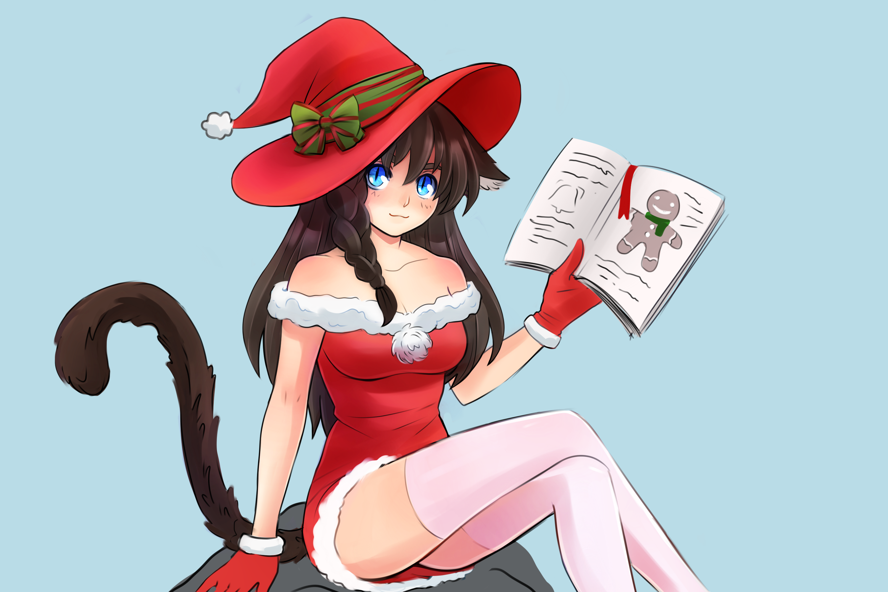 lemna, original, commission, commissioner upload, highres, non-web source, animal ear fluff, animal ears, aqua eyes, book, braid, brown hair, cat ears, cat girl, cat tail, dress, gloves, grey background, hat, hat ribbon, holding, holding book, long hair, looking at viewer, mewry (fuki nyan), pom pom (clothes), red gloves, ribbon, santa costume, santa dress, santa hat, sitting, sleeveless, slit pupils, striped ribbon, tail, thighhighs, white thighhighs, witch hat