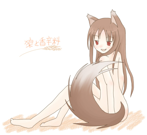sakuramori sumomo, holo, spice and wolf, 00s, animal ears, brown hair, long hair, nude, red eyes, solo, tail, wolf ears, wolf tail