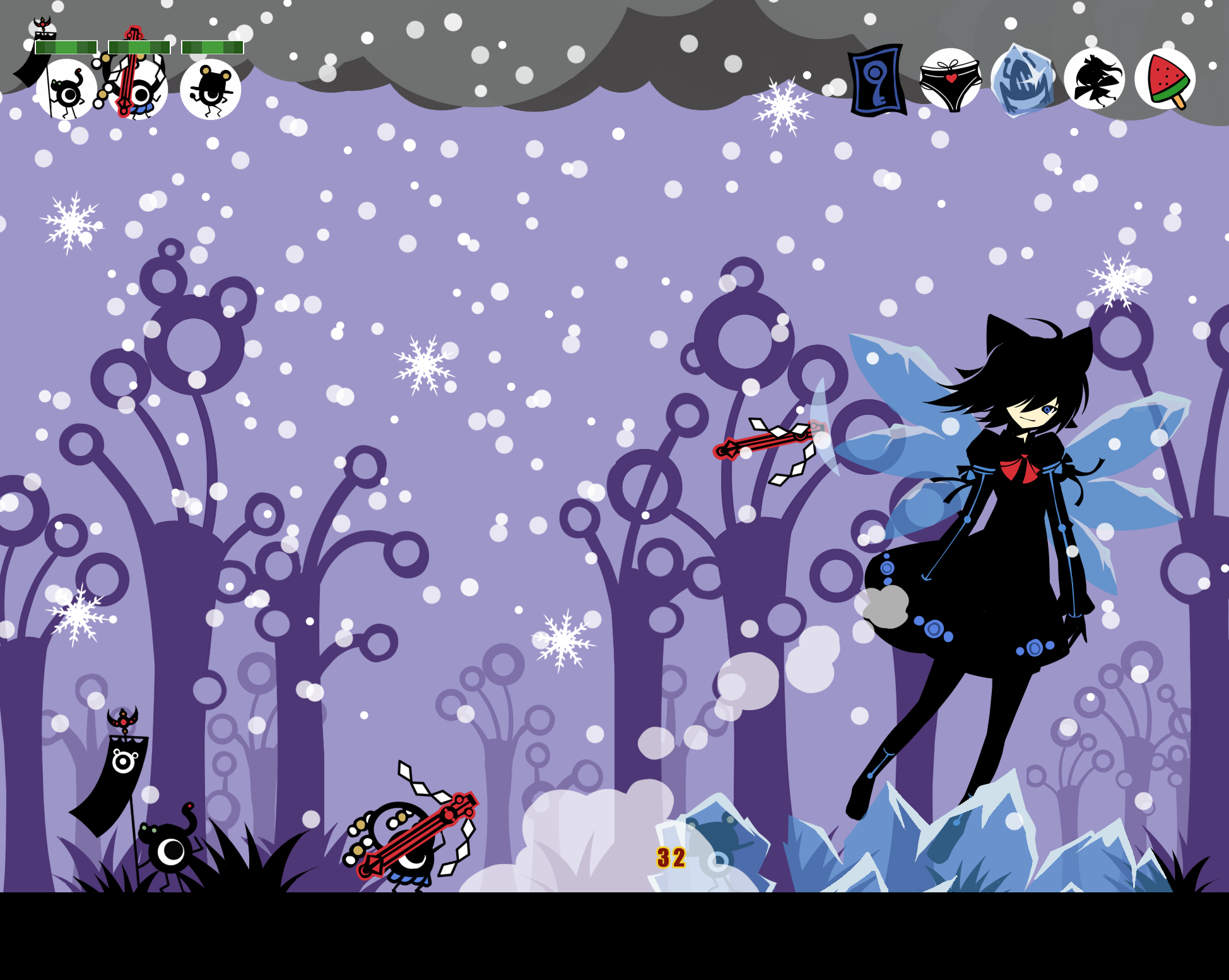 ideolo, cirno, kochiya sanae, moriya suwako, yasaka kanako, patapon, touhou, highres, 1girl, battle, dress, fake screenshot, female focus, frozen, ice, pantyhose, parody, snow, solo