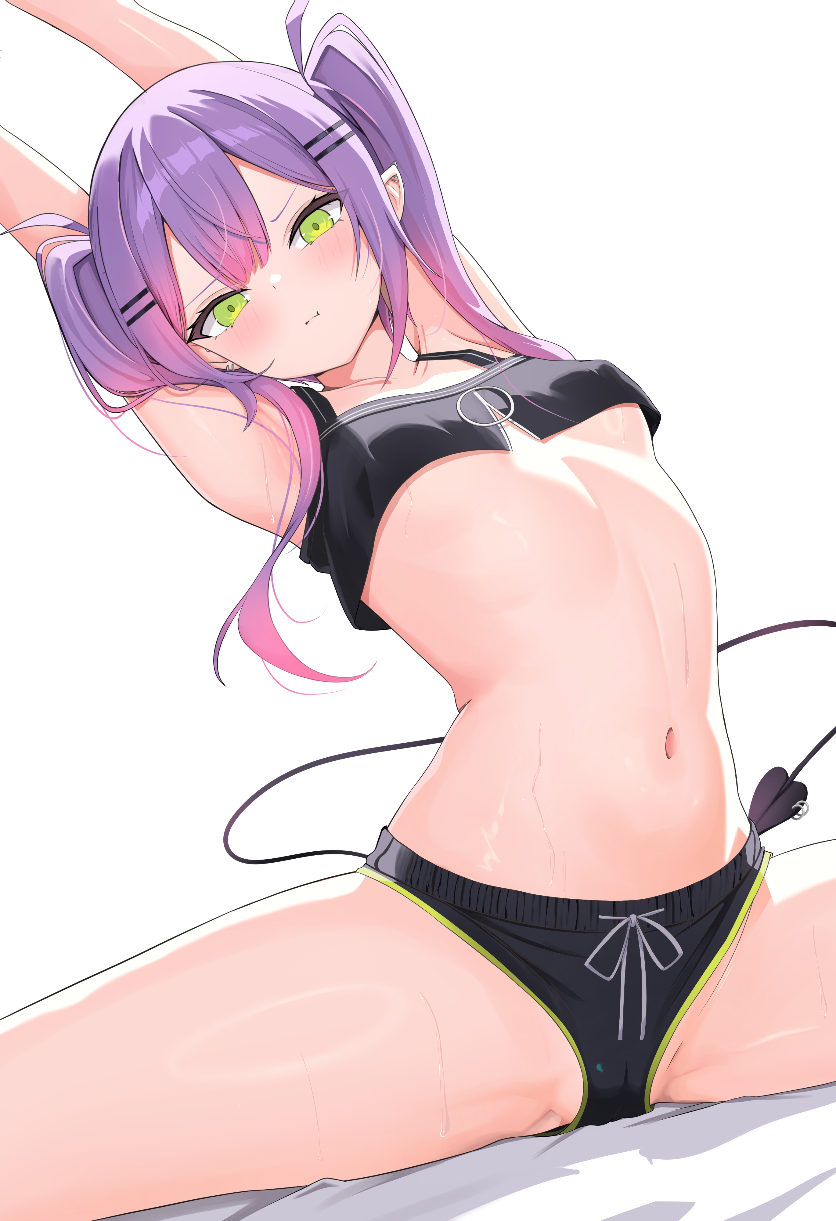 nekonosuke, tokoyami towa, tokoyami towa (1st costume), hololive, absurdres, highres, 1girl, :t, armpits, arms up, bed sheet, black shorts, black tail, black tank top, blush, breasts, camel, closed mouth, collarbone, demon tail, ear piercing, gradient hair, green eyes, green trim, long hair, looking at viewer, multicolored hair, navel, piercing, pink hair, pink lips, pointy ears, pout, purple hair, shorts, solo, stomach, stretching, sweat, tail, tail ornament, tail piercing, tank top, thighs, twintails, two-tone hair, virtual youtuber, white background