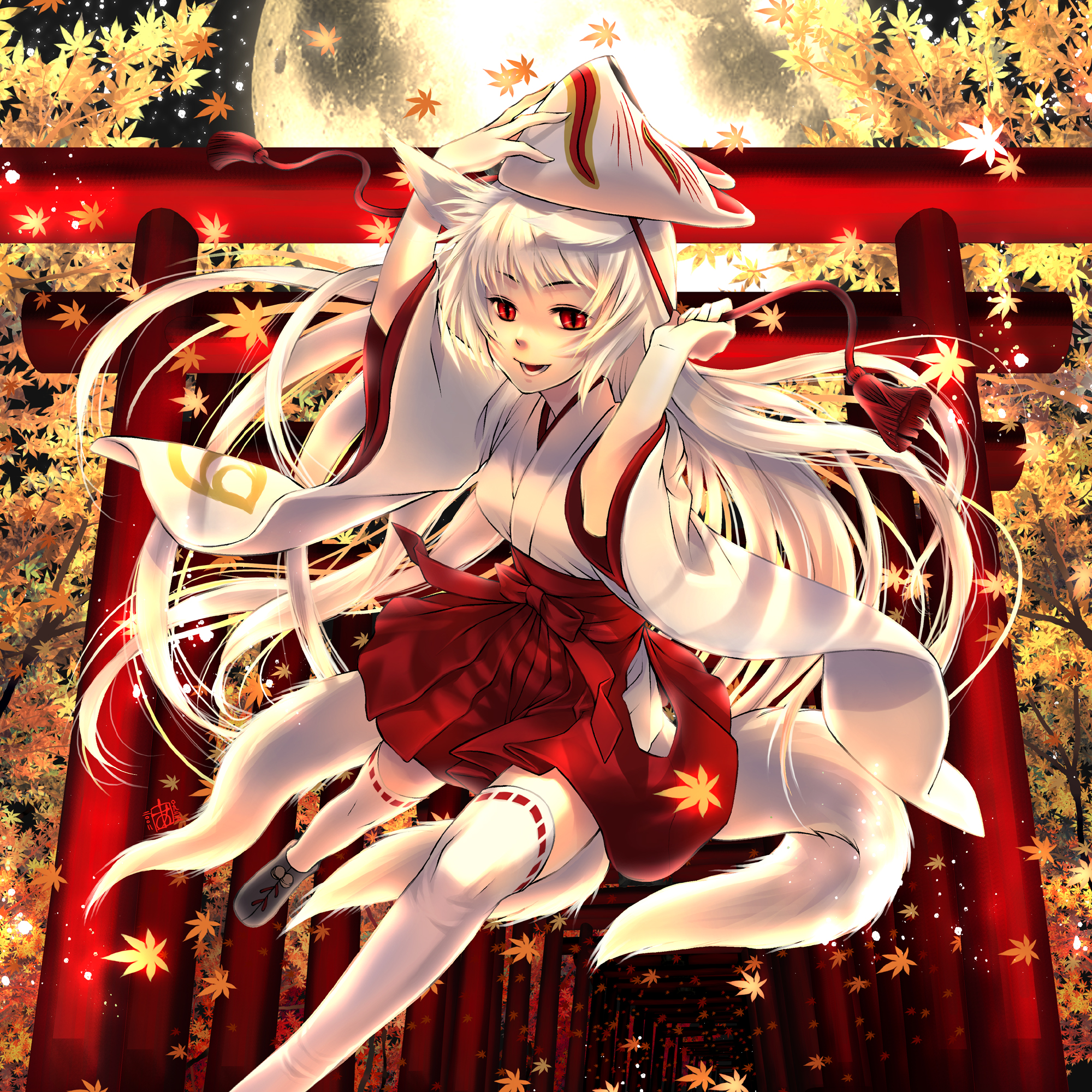 sakamoto akira, inari, original, highres, 1girl, adapted uniform, animal ears, autumn, autumn leaves, female focus, fox ears, fox mask, full moon, hakama, hakama short skirt, hakama skirt, japanese clothes, leaf, long hair, mask, miko, moon, multiple tails, multiple torii, red eyes, red hakama, skirt, slit pupils, solo, star (symbol), tail, thighhighs, torii, traditional youkai, very long hair, white hair, white thighhighs