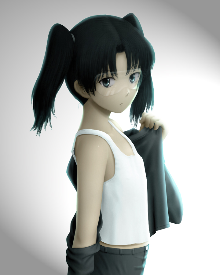 siraha, amasawa yuuko, dennou coil, bad id, bad pixiv id, 00s, 1girl, bare shoulders, black eyes, black gloves, black hair, collarbone, cowboy shot, expressionless, female focus, flat chest, glasses, gloves, goggles, holding, jacket, looking at viewer, midriff, pants, simple background, solo, tank top, towel, twintails, undressing