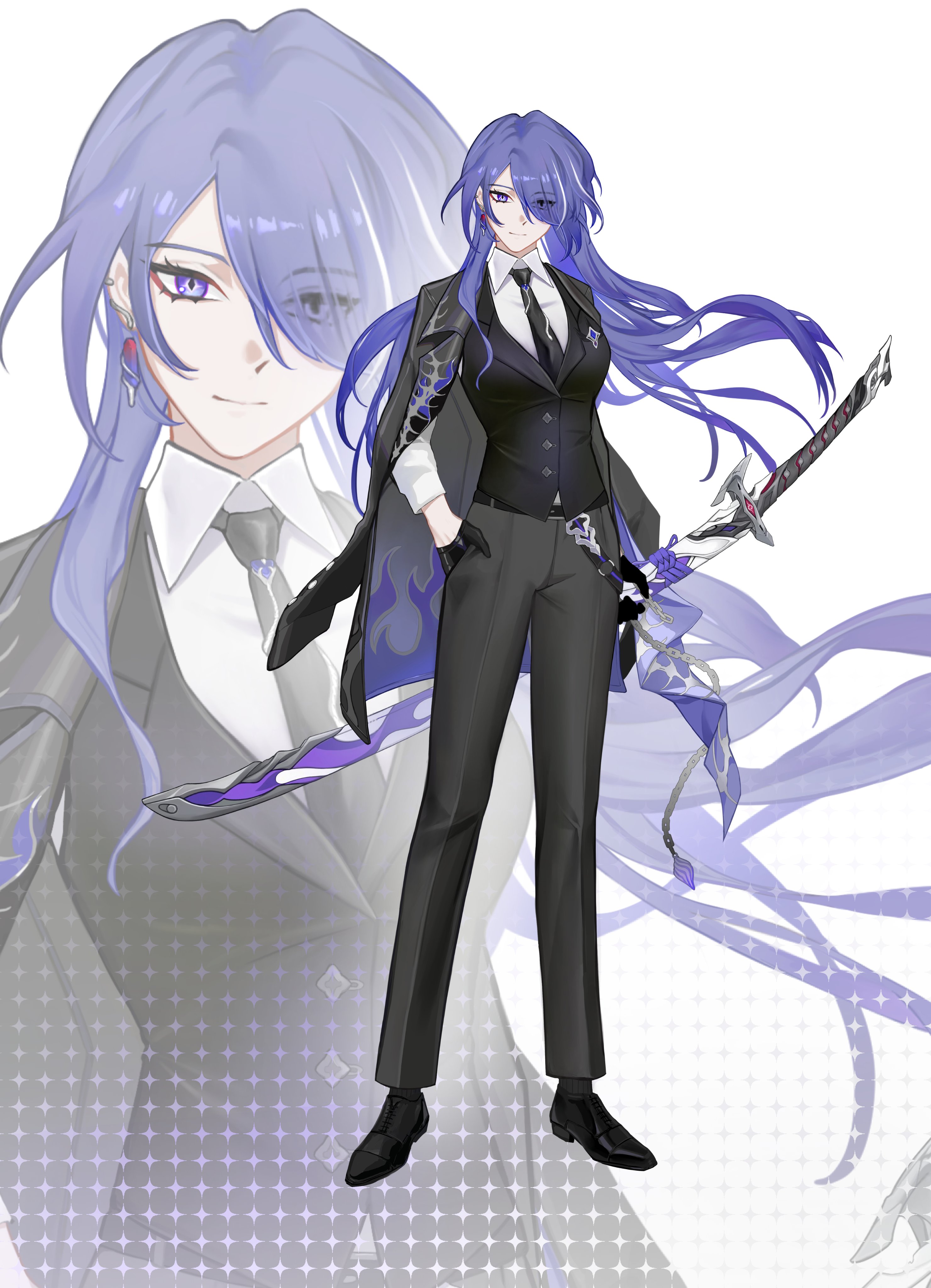 nekon (nyanekon), acheron (honkai: star rail), honkai: star rail, honkai (series), absurdres, highres, 1girl, alternate costume, belt, chain, collared shirt, diamond-shaped pupils, diamond (shape), earrings, flame print, formal clothes, gloves, hair over one eye, holding, holding weapon, jewelry, light smile, long hair, multicolored hair, necktie, pants, purple eyes, purple hair, scabbard, sheath, shirt, single earring, streaked hair, suit, symbol-shaped pupils, very long hair, vest, weapon