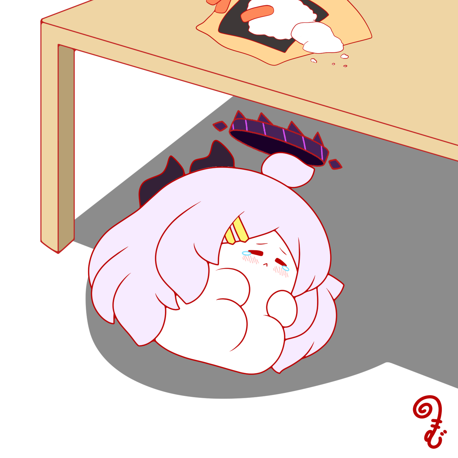 kurukurumagical, hina (blue archive), blue archive, commentary request, highres, 1girl, :<, ahoge, blush, chibi, chibi only, closed eyes, closed mouth, food, full body, hair ornament, hairclip, halo, long hair, lying, on side, parallel hairclips, purple hair, purple halo, rice, simple background, solo, table, tears, very long hair, white background