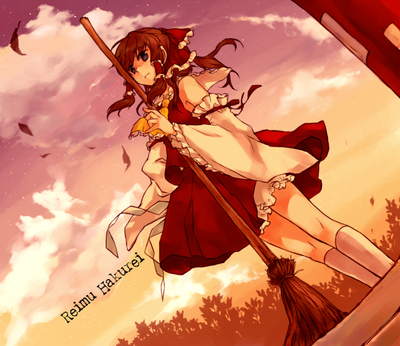 gwayo, gwayom, omyo, hakurei reimu, touhou, 1girl, cloud, dutch angle, female focus, sky, solo, standing, star (sky), star (symbol), starry sky, sunset, tree, wind