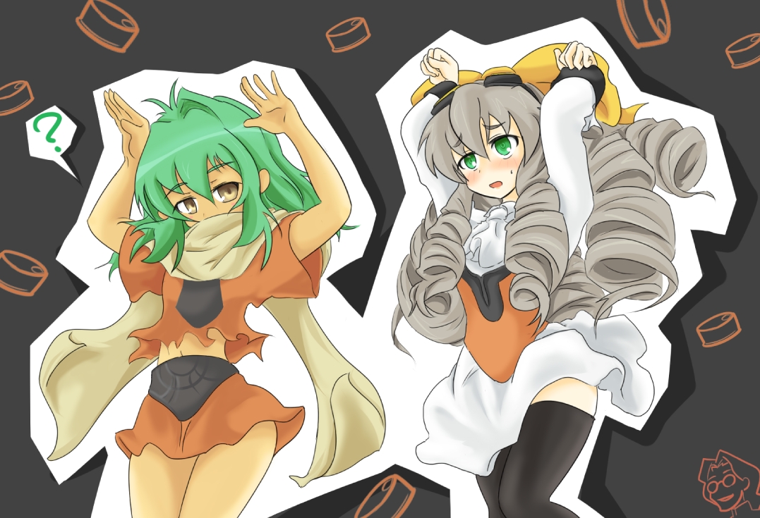momio, emerada (xenogears), maria balthasar, xenogears, silver hair, bad id, bad pixiv id, 2girls, alternate legwear, blush, bow, caramelldansen, dark-skinned female, dark skin, drill hair, green eyes, green hair, long hair, midriff, multiple girls, scarf, skirt, sweatdrop, thighhighs, torn clothes, yellow bow, yellow eyes, zettai ryouiki