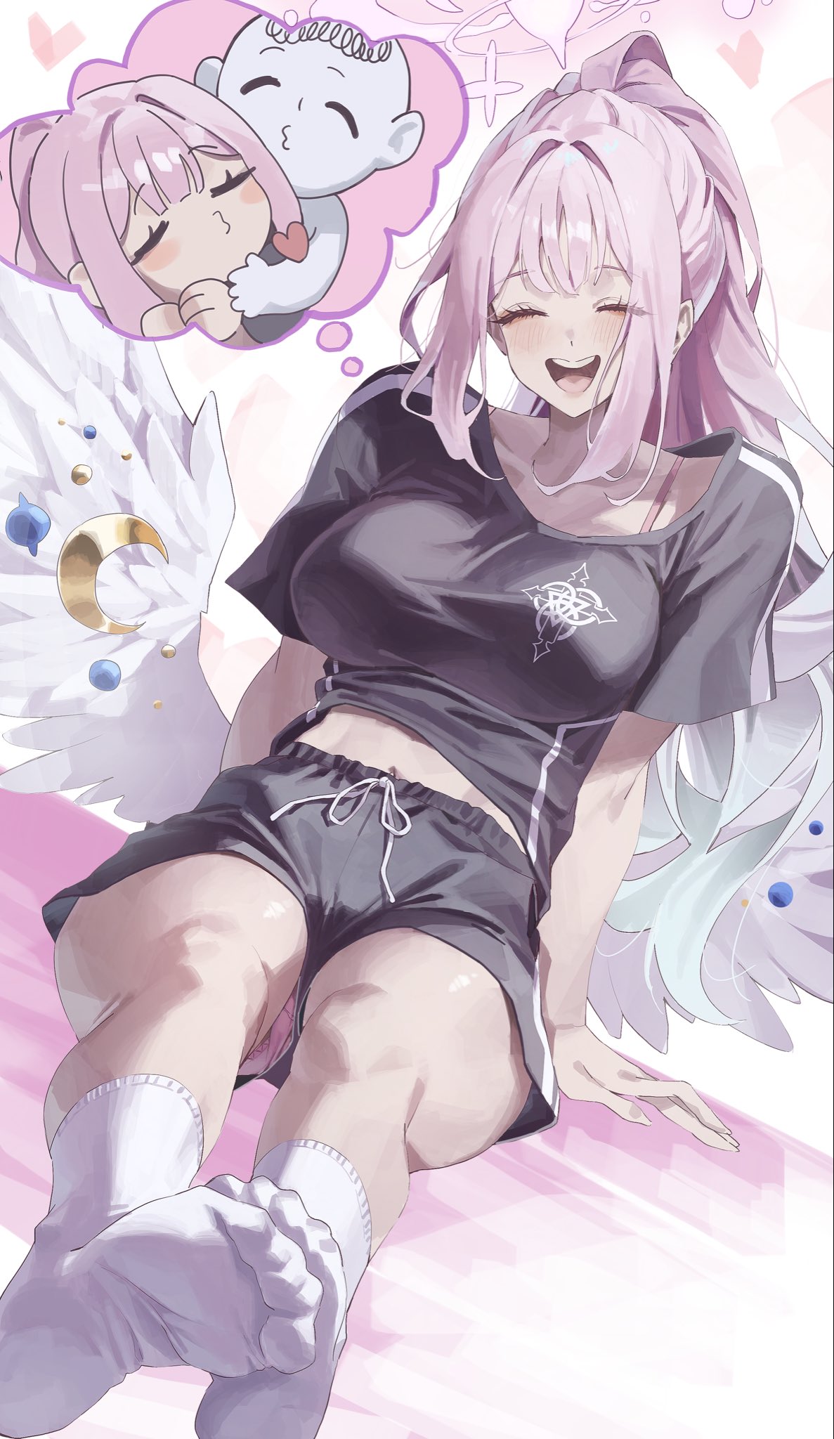 netural, mika (blue archive), blue archive, highres, 1girl, alternate costume, alternate hairstyle, black shirt, black shorts, breasts, closed eyes, facing viewer, feathered wings, feet, foot focus, halo, large breasts, long hair, low wings, midriff, navel, open mouth, pink hair, ponytail, shirt, short sleeves, shorts, sitting, smile, socks, speech bubble, teeth, thought bubble, upper teeth only, white socks, white wings, wing ornament, wings