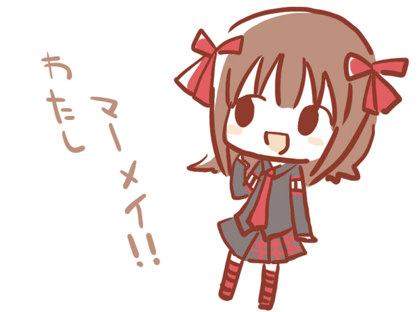 sakuramori sumomo, amami haruka, dark haruka, nonowa, idolmaster, idolmaster (classic), looking away, plaid, translated, 00s, 1girl, :d, black eyes, brown hair, chibi, detached sleeves, female focus, finger to face, hair ribbon, necktie, open mouth, punkish gothic, ribbon, short hair, simple background, skirt, smile, solo, standing, striped clothes, striped thighhighs, text focus, thighhighs, white background, zettai ryouiki