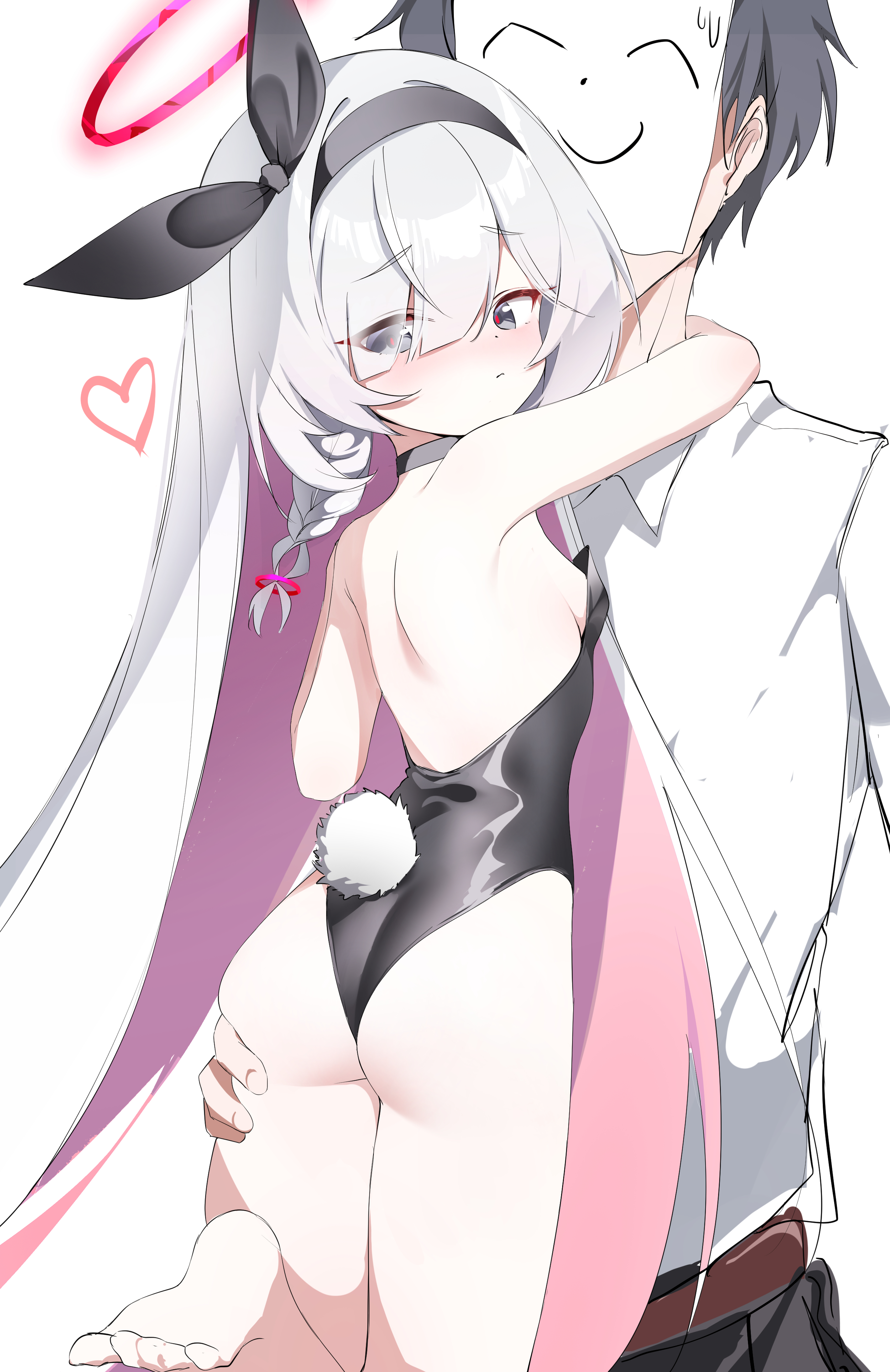 silday, doodle sensei (blue archive), plana (blue archive), sensei (blue archive), blue archive, absurdres, commentary, highres, korean commentary, 1boy, 1girl, ass, black hairband, black leotard, black ribbon, breasts, colored inner hair, feet, grabbing another's ass, grey eyes, groping, hair over one eye, hair ribbon, hairband, halo, heart, hetero, leotard, multicolored hair, pink hair, playboy bunny, red halo, ribbon, sideboob, simple background, small breasts, thong leotard, two-tone hair, white background, white hair