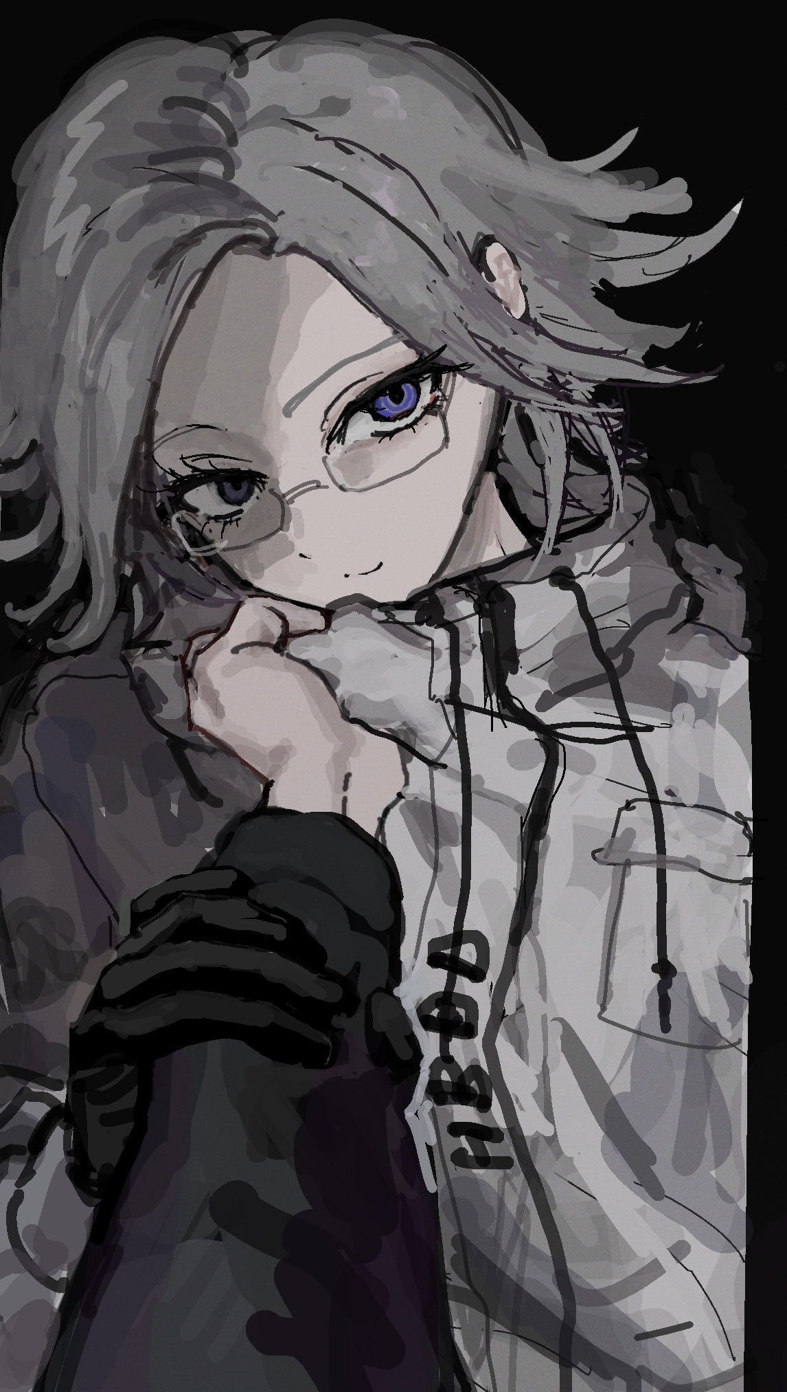 aotsuki eito, the hundred line -last defense academy-, highres, 1boy, black gloves, c:, eyelashes, gloves, grabbing another's arm, grabbing another's shirt, grey hair, head tilt, jacket, looking at viewer, male focus, partially shaded face, purple eyes, semi-rimless eyewear, smile, white jacket, yr07s5d