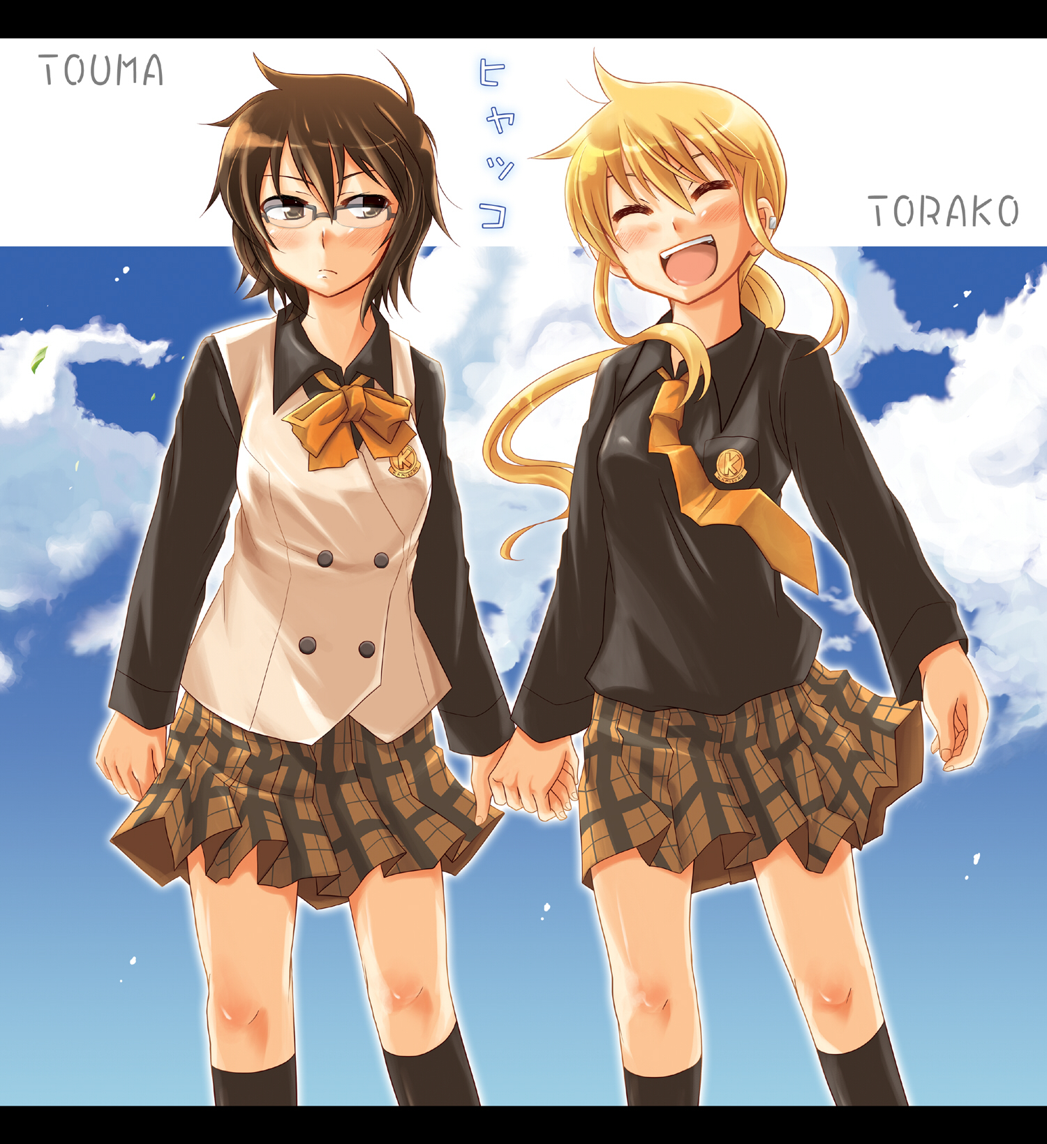 pikachi, kageyama torako, kazamatsuri touma, hyakko, plaid, highres, 00s, 2girls, blush, bow, brown eyes, brown hair, character name, closed eyes, copyright name, glasses, holding hands, kneehighs, long hair, multiple girls, necktie, orange hair, ponytail, school uniform, short hair, skirt, smile, socks