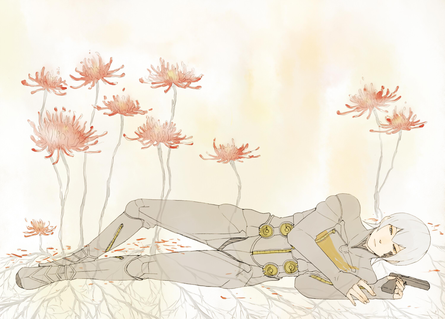 4ss9gh, p (4ss9gh), serph, atlus, digital devil saga, shin megami tensei, bad id, 1boy, chrysanthemum, flower, gun, handgun, lying, male focus, on side, pistol, solo, tattoo, weapon, white hair