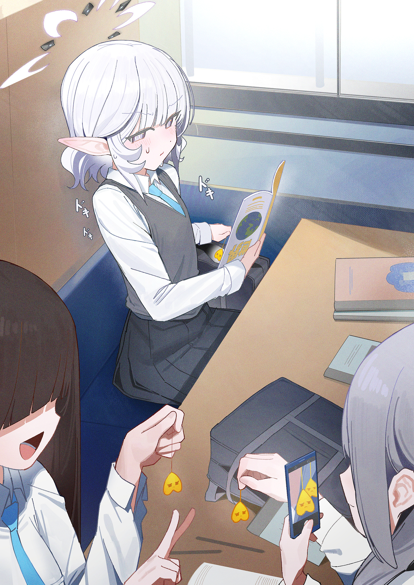 zanya 000, himari (blue archive), blue archive, commentary request, highres, partial commentary, 3girls, aged down, alternate costume, alternate hair length, alternate hairstyle, bag, black hair, black skirt, blunt bangs, blush, book, cellphone, character charm, charm (object), covered eyes, dress shirt, grey hair, grey sweater vest, hair over one eye, halo, holding, holding book, holding phone, indoors, long pointy ears, mole, mole under eye, multiple girls, phone, pleated skirt, pointy ears, school bag, school uniform, shirt, sideways glance, sitting, skirt, smartphone, smile, sweatdrop, sweater vest, taking picture, v, white shirt