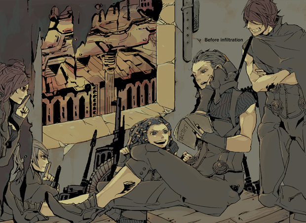 jm (pixiv 283358), megajet, argilla, cielo (dds), gale (dds), heat (dds), serph, atlus, digital devil saga, shin megami tensei, bad id, bad pixiv id, 2girls, 3boys, gun, multiple boys, multiple girls, weapon
