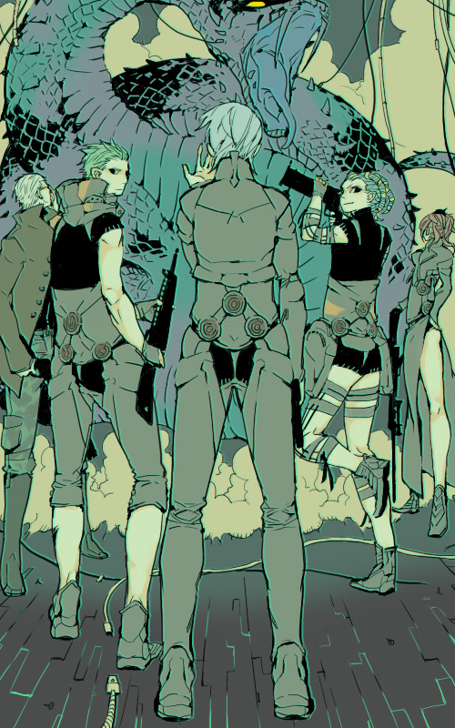 jm (pixiv 283358), megajet, argilla, cielo (dds), gale (dds), roland, roland (dds), serph, atlus, digital devil saga, shin megami tensei, 1girl, 4boys, gun, holand, multiple boys, snake, weapon