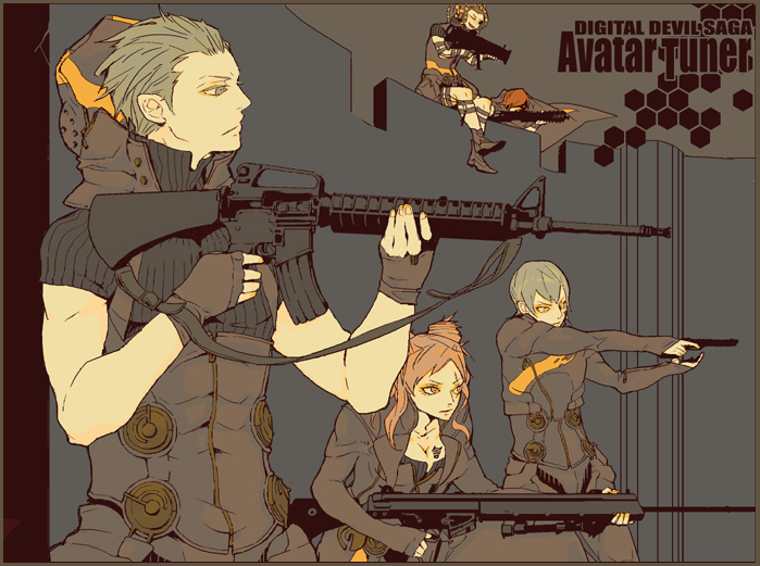 jm (pixiv 283358), megajet, argilla, cielo (dds), gale (dds), heat (dds), serph, atlus, digital devil saga, shin megami tensei, silver hair, wall, 2girls, 3boys, aiming, brown hair, from side, gun, handgun, holding, holding weapon, military, military uniform, multiple boys, multiple girls, outstretched arms, pistol, profile, short hair, very short hair, weapon