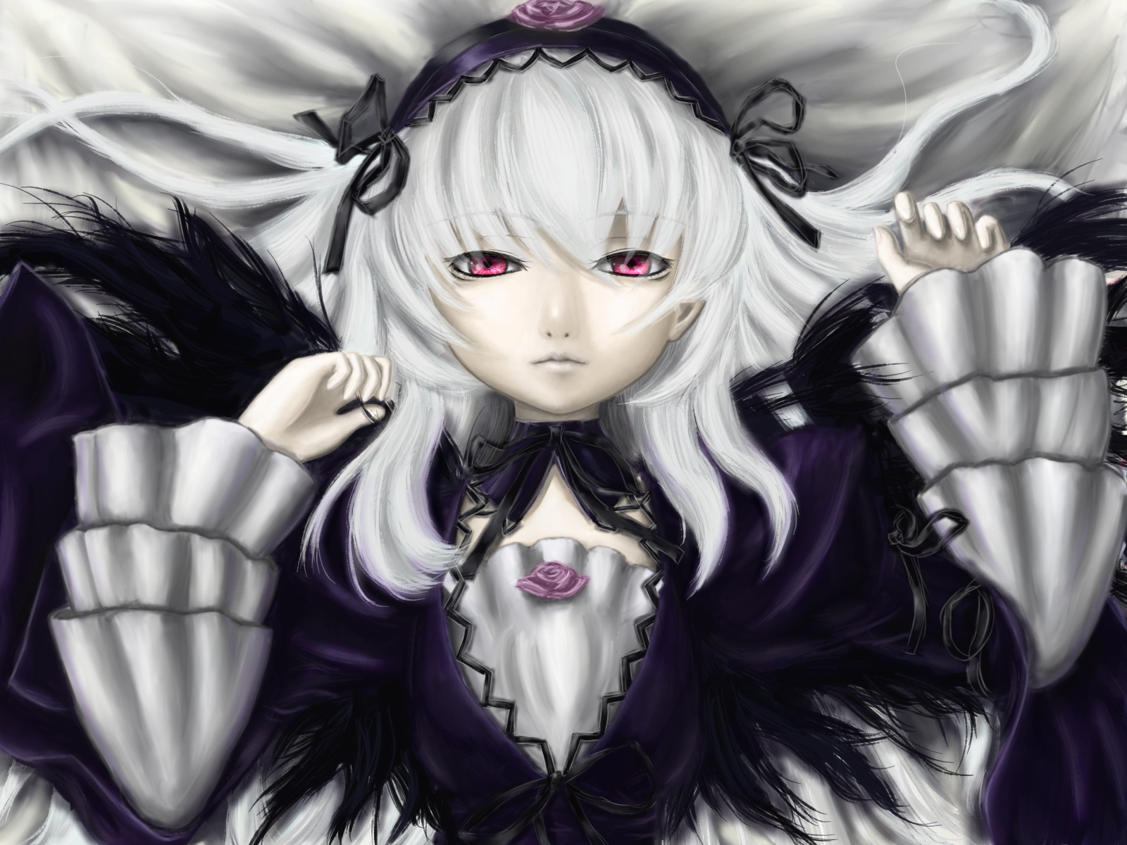 neoste, suigintou, rozen maiden, silver hair, highres, 00s, dress, frills, hairband, long hair, pink eyes, solo, wings