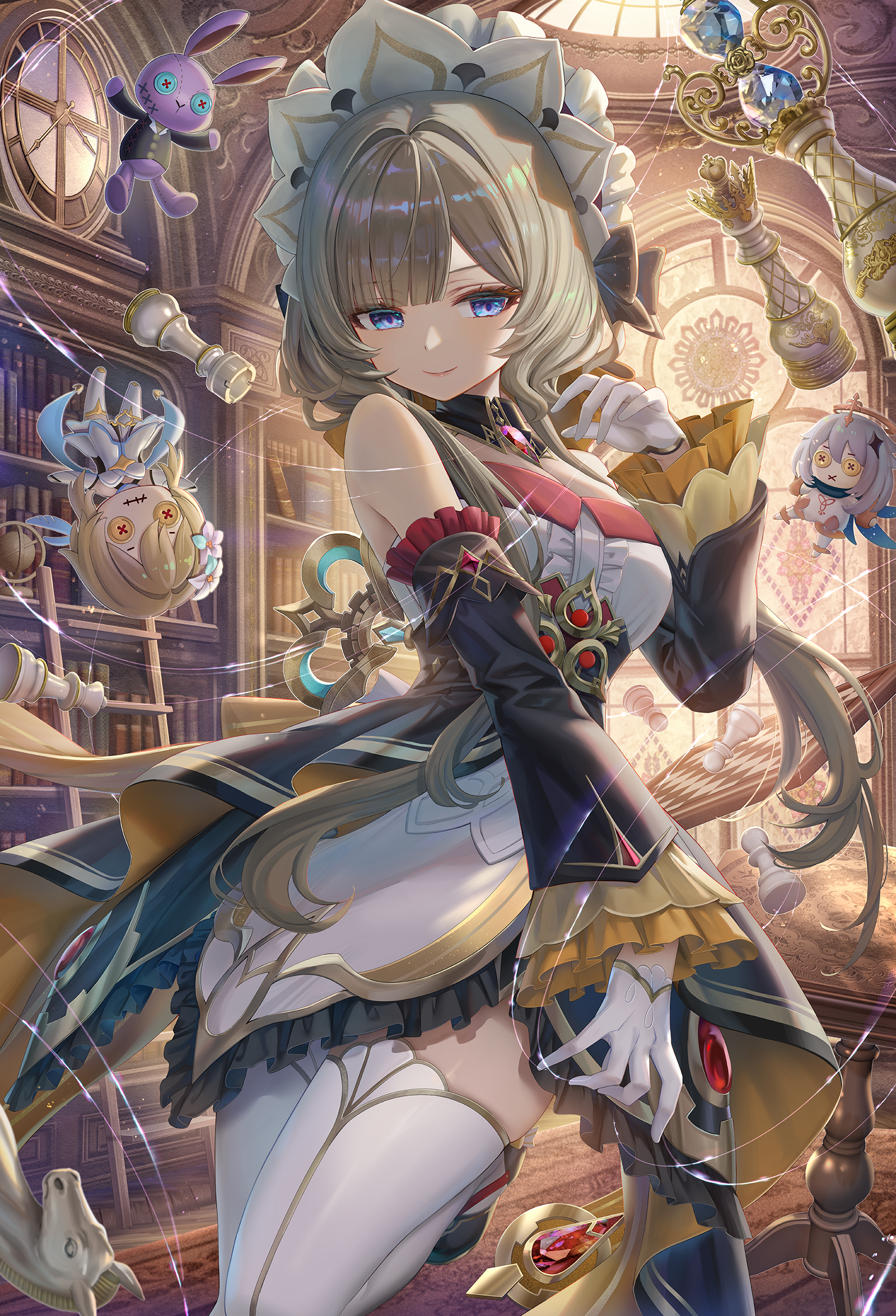 torino aqua, lumine (genshin impact), paimon (genshin impact), sandrone (genshin impact), genshin impact, highres, 1girl, bare shoulders, black dress, blue eyes, bonnet, breasts, brown hair, detached sleeves, dress, hair ribbon, long hair, looking at viewer, medium breasts, ribbon, sidelocks, smile, solo, stuffed toy, thighhighs, thighs, thread, white dress, white thighhighs, yellow dress