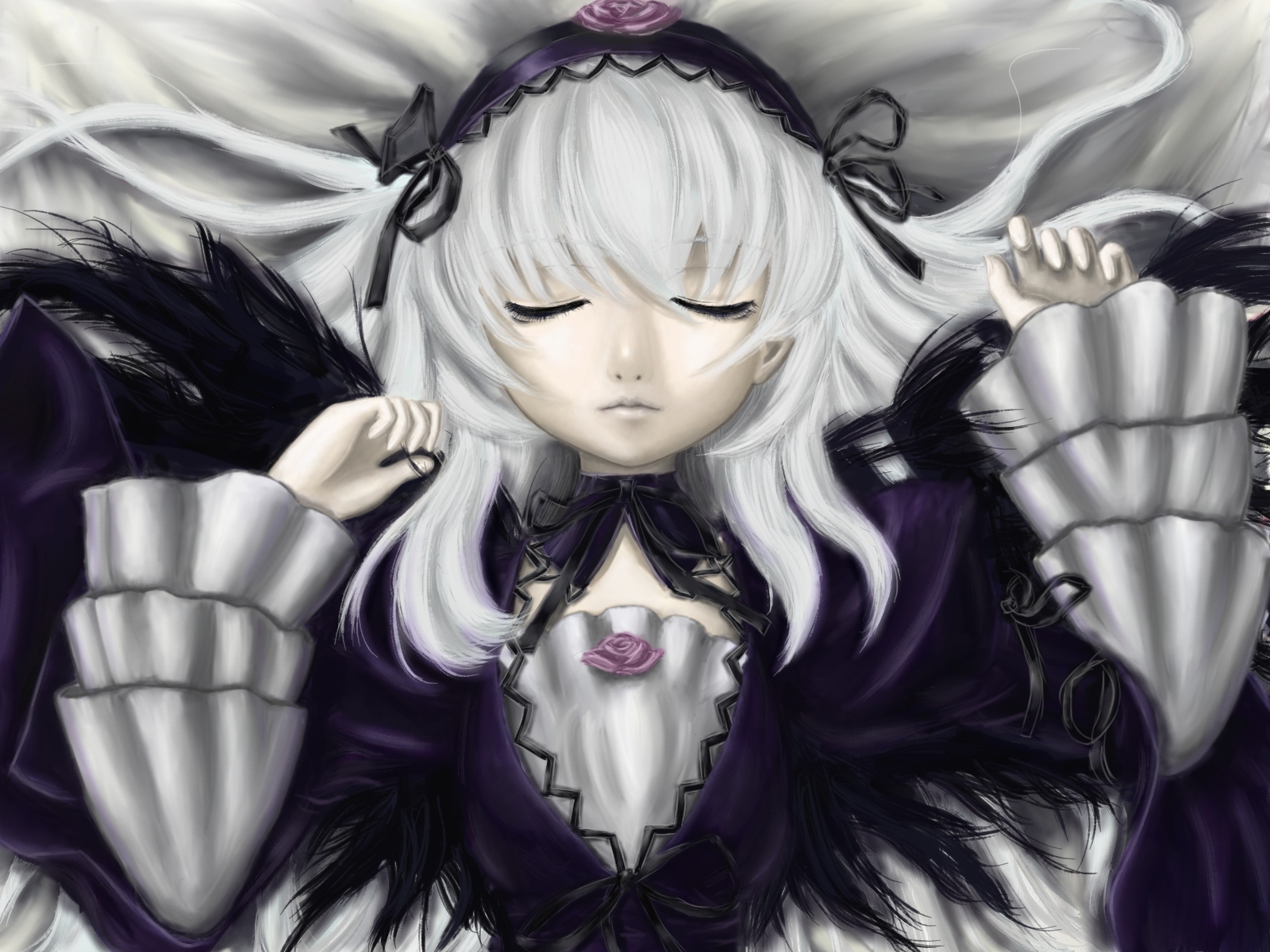 neoste, suigintou, rozen maiden, silver hair, highres, 00s, closed eyes, dress, frills, hairband, long hair, solo, wings