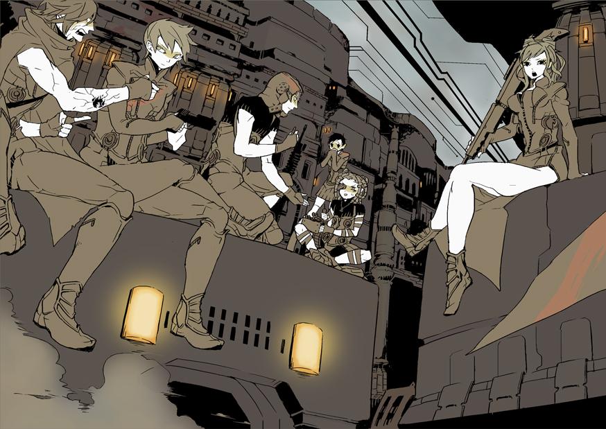 jm (pixiv 283358), megajet, sera, argilla, cielo (dds), gale (dds), heat (dds), seraphita angel, serph, atlus, digital devil saga, shin megami tensei, light, silver hair, vehicle, 2girls, 4boys, bare legs, brown hair, full body, glowing, gun, long sleeves, looking at viewer, looking back, military, military vehicle, motor vehicle, multiple boys, multiple girls, short hair, tank, weapon, wire