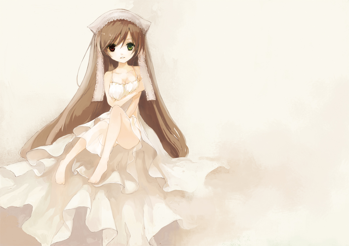 fujiyama, rin (artist), suiseiseki, rozen maiden, bad id, bad pixiv id, 00s, 1girl, breasts, brown hair, cleavage, dress, female focus, heterochromia, long hair, panties, solo, underwear, very long hair, white panties