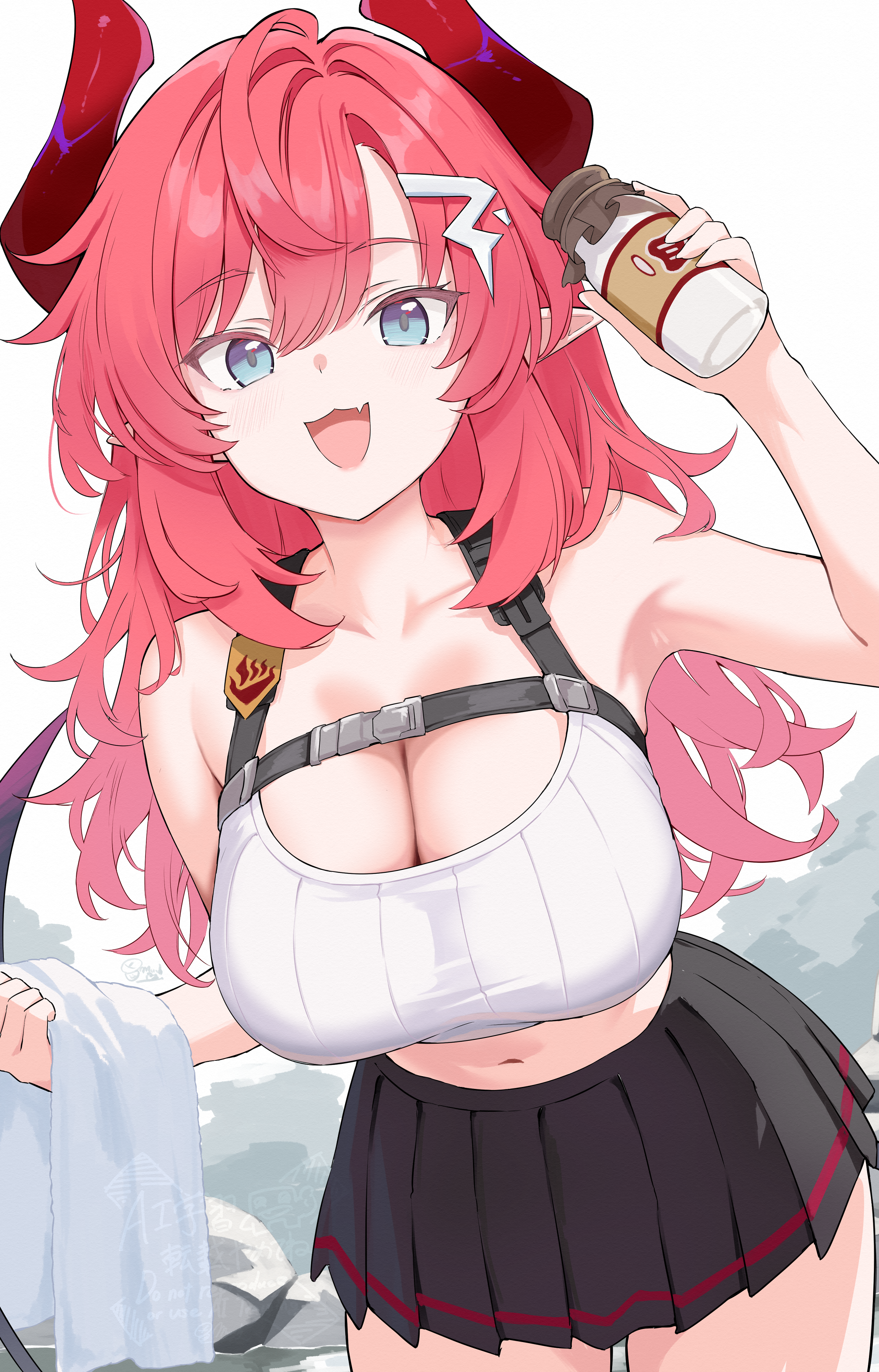 mushpz, megu (blue archive), blue archive, absurdres, commentary request, highres, 1girl, :3, alternate hairstyle, black skirt, blue eyes, blush, bottle, breasts, cleavage, crop top, demon girl, demon horns, demon tail, fang, glass bottle, holding, holding bottle, holding towel, horns, large breasts, leaning forward, long hair, looking at viewer, midriff, milk bottle, miniskirt, open mouth, pleated skirt, pointy ears, red hair, red horns, skin fang, skirt, smile, solo, tail, towel