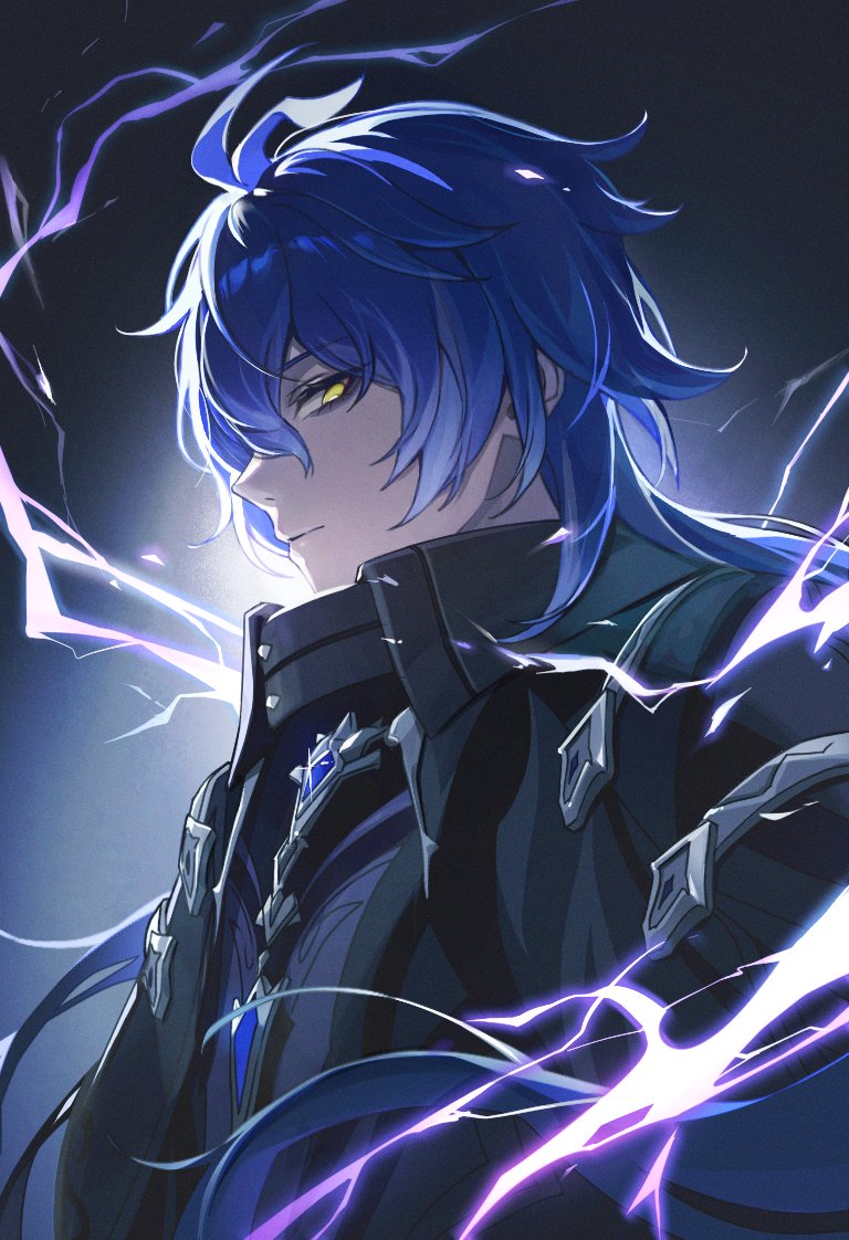 gloria (gloriao3o), flins (genshin impact), genshin impact, commentary request, 1boy, antenna hair, black coat, blue hair, closed mouth, coat, collared coat, electricity, hair between eyes, high collar, long hair, looking at viewer, male focus, sideways glance, solo, upper body, yellow eyes