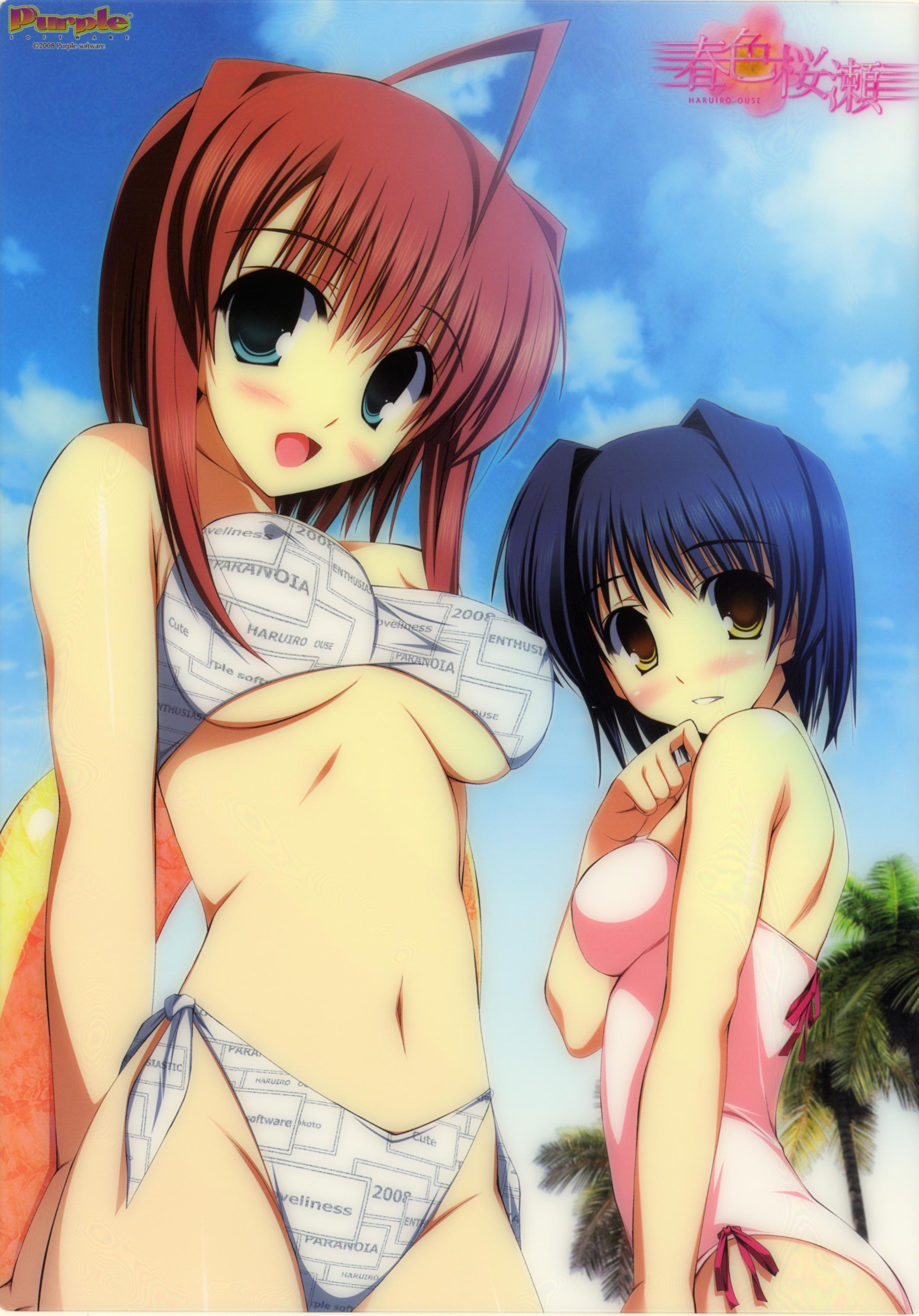 absurdres, highres, scan, scan artifacts, 2girls, ahoge, bikini, blue eyes, blue hair, blush, breasts, brown hair, covered erect nipples, day, innertube, medium breasts, multiple girls, short hair, swim ring, swimsuit, underboob, yellow eyes