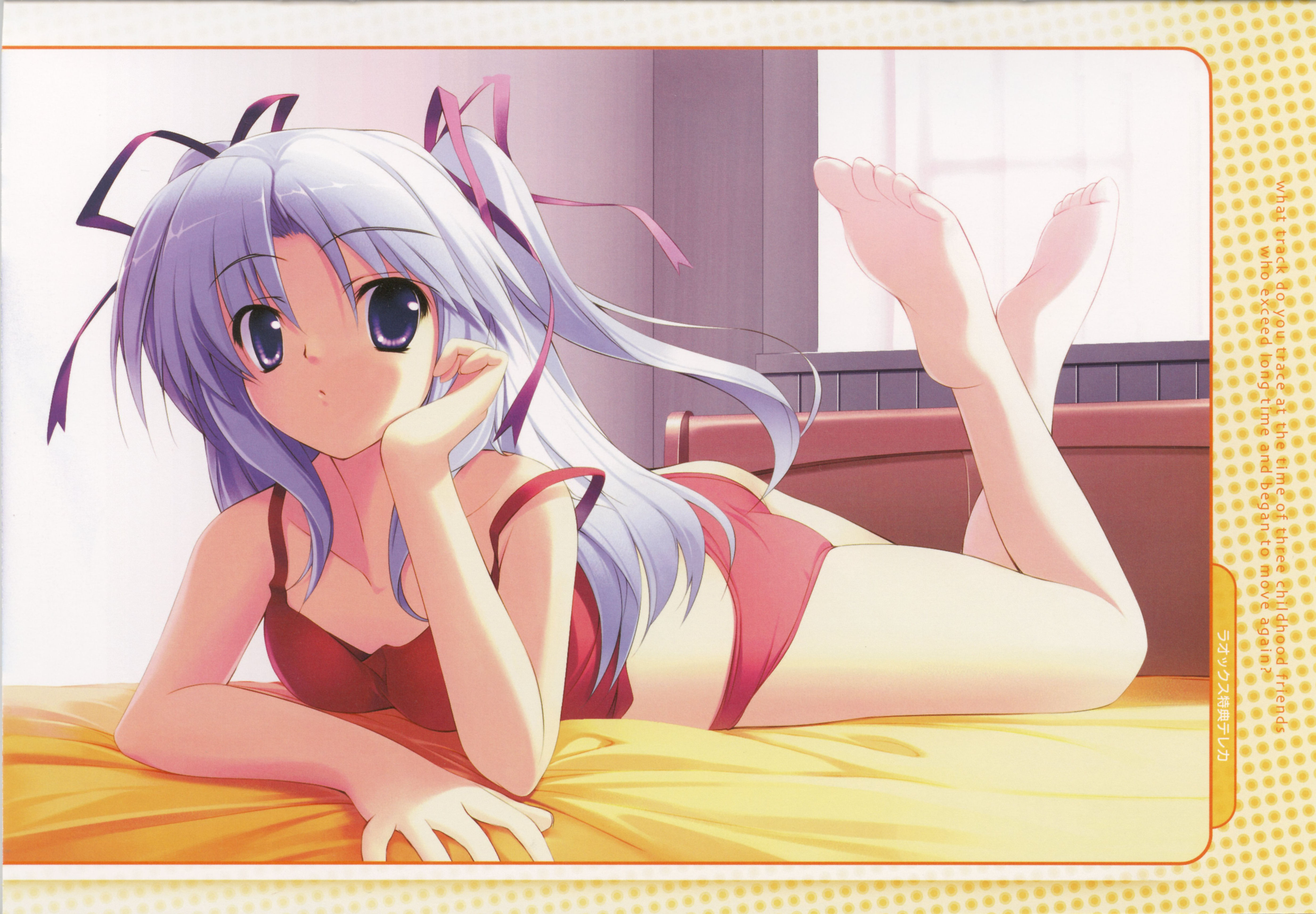 kiba satoshi, arisa aix-les-bains, colorful aquarium, absurdres, highres, arm support, barefoot, bed, blue hair, camisole, feet, long hair, lying, panties, purple eyes, ribbon, soles, solo, toes, twintails, underwear
