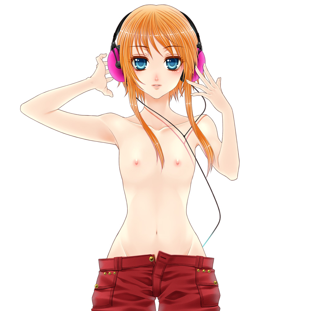 minatsuki alumi, original, bad id, bad pixiv id, 1girl, blue eyes, female focus, flat chest, headphones, looking at viewer, lowleg, lowleg pants, nipples, orange hair, pants, short hair, short hair with long locks, simple background, solo, topless female, white background
