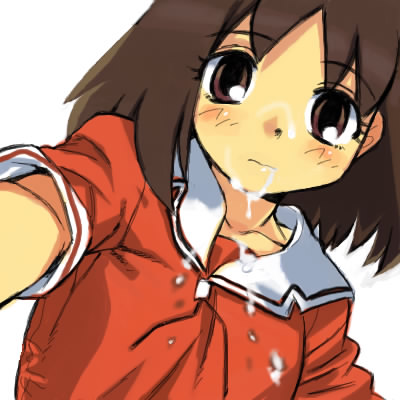 kasuga ayumu, azumanga daiou, lowres, non-web source, brown eyes, brown hair, cum, cum on body, cum on clothes, facial, school uniform, serafuku, solo, white background
