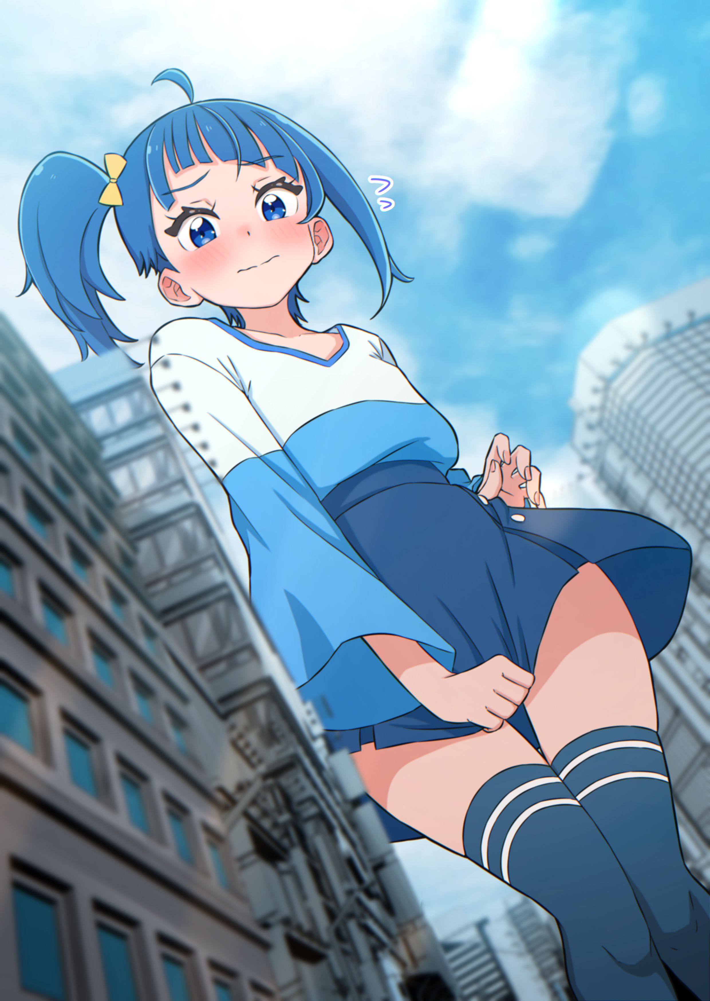 hakuino hakase, sora harewataru, hirogaru sky! precure, precure, absurdres, commentary, highres, 1girl, ahoge, alternate size, asymmetrical bangs, blue eyes, blue hair, blue shirt, blue skirt, blue sky, blue thighhighs, blurry, blush, bow, building, button up skirt, city, cityscape, closed mouth, cloud, cloudy sky, collarbone, cowboy shot, cut bangs, day, depth of field, diagonal bangs, dutch angle, embarrassed, fingernails, flying sweatdrops, from below, giant, giantess, hair bow, hair ornament, knees together feet apart, long hair, long sidelocks, long sleeves, looking at viewer, looking down, multicolored shirt, outdoors, pleated skirt, ponytail, shirt, side ponytail, sidelocks, single sidelock, skirt, skirt tug, sky, solo, striped clothes, striped thighhighs, thighhighs, thighs, two-tone shirt, v-neck, wavy mouth, white shirt, wide sleeves, yellow bow, zettai ryouiki