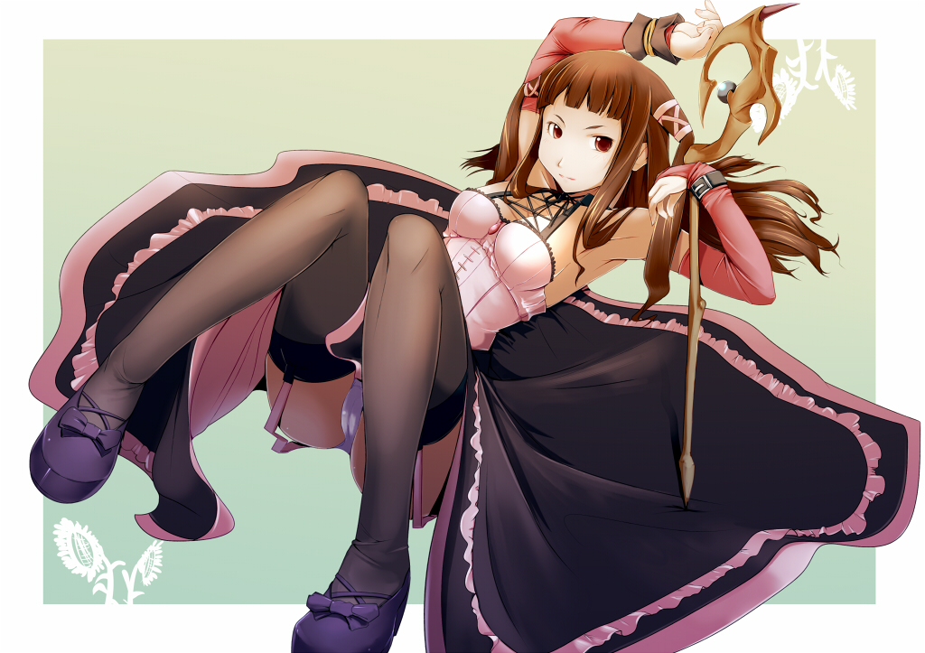 painpa, toujou ruby, rosario+vampire, 00s, 1girl, armpits, arms up, breasts, brown hair, detached sleeves, dress, female focus, garter straps, large breasts, long hair, panties, red eyes, solo, thighhighs, twintails, underwear