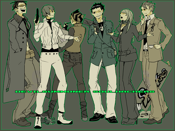 jm (pixiv 283358), megajet, lunch (devil summoner), nemissa, shujinkou (devil summoner), six (devil summoner), spooky (devil summoner), yu-ichi (devil summoner), devil summoner: soul hackers, devil summoner (series), bad id, bad pixiv id, md5 mismatch, 2girls, 4boys, belt, boots, brown hair, cigarette, coat, copyright name, cup, doll, dreadlocks, full body, grey hair, grin, gun, handgun, hands in pockets, hat, high heels, jacket, laughing, lineup, long hair, minegishi keiji, multiple boys, multiple girls, outstretched arms, overcoat, paintbrush, pants, pistol, shoes, smile, smoking pipe, spread arms, standing, vest, weapon