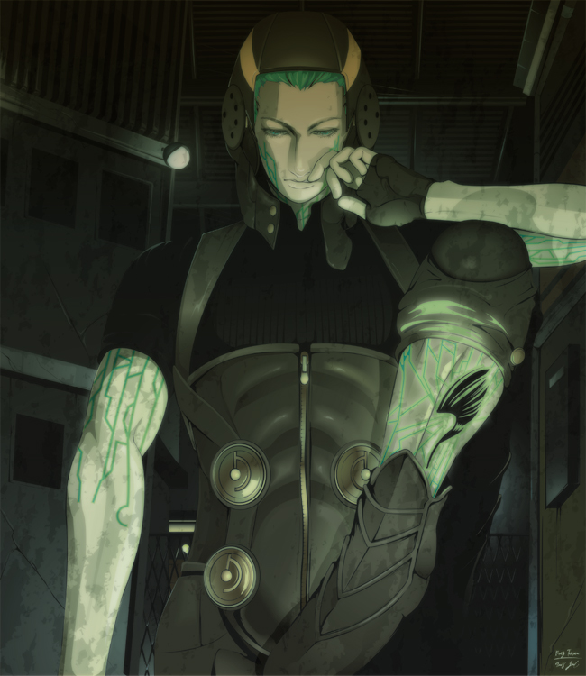 gale (dds), atlus, digital devil saga, shin megami tensei, 1boy, facial mark, fingerless gloves, gloves, green eyes, green hair, hood, male focus, matching hair/eyes, signature, solo, tattoo
