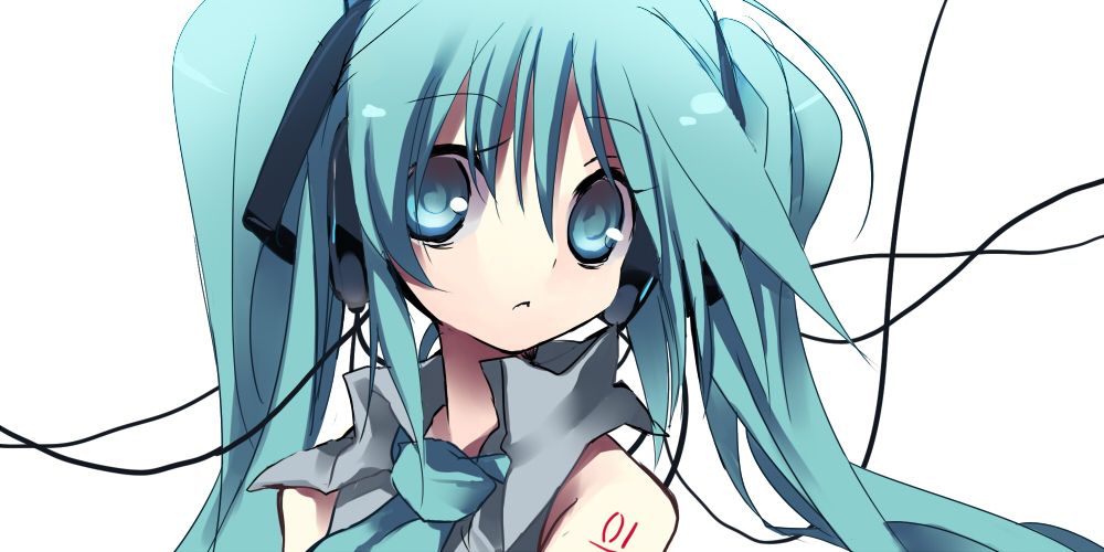 hanepochi, hatsune miku, vocaloid, :<, aqua eyes, aqua hair, headphones, solo, twintails